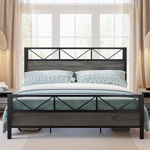 LIKIMIO California King Bed Frame, Tall Industrial Headboard 51.2 ", Platform Bed Frame with Strong Metal Support, Solid and Stable, Noise Free, No Box Spring Needed, Easy Assembly, Charcoal Grey