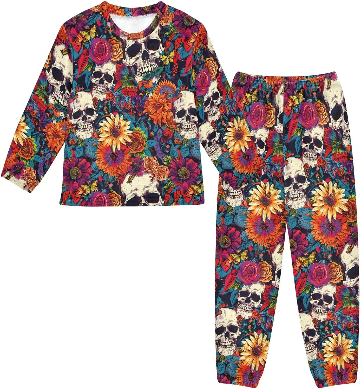 Kids Flannel Sets Skull Floral Warm Plush Relaxed Clothing for Boys and Girls