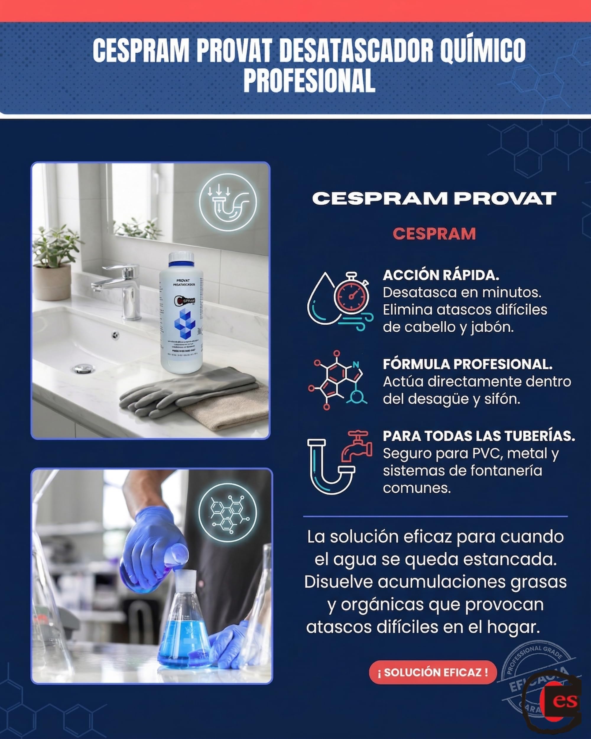 PROVAT Desatascador Tuberías Profesional Químico 1 L (2 kg), Atascos Difíciles, Fregadero, WC y Ducha, Sin Dañar Tuberías (1Unidad).