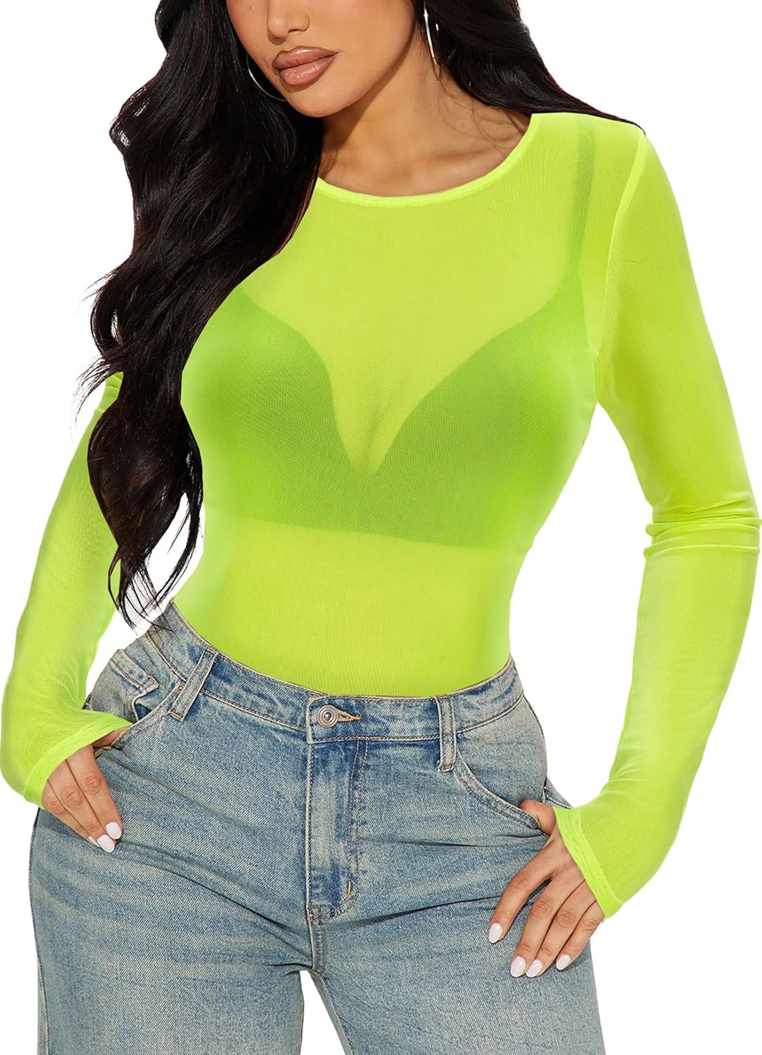 Women's Mesh Tops Sheer Long Sleeve Tee Shirts Bodycon See Through Blouse Clubwear