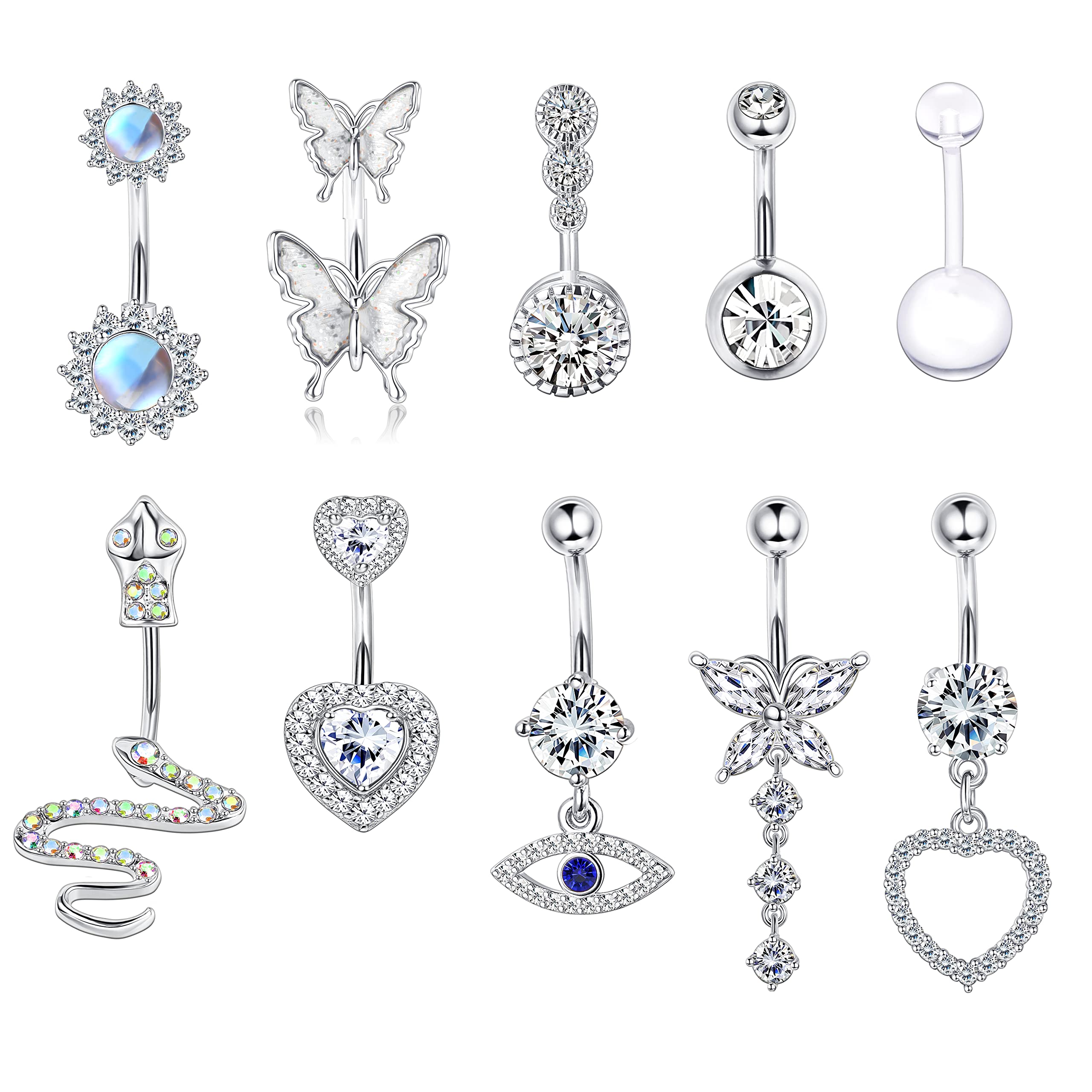 MILACOLATO 14G Piercing Ombligo Anillo Acero Quirúrgico Dangly Piercing De Ombligo Cadena Larga CZ Piedra Lunar Serpiente Corazón Mariposa Paquete De Barra De Ombligo Plata Oro Belly Joyas 10Piezas