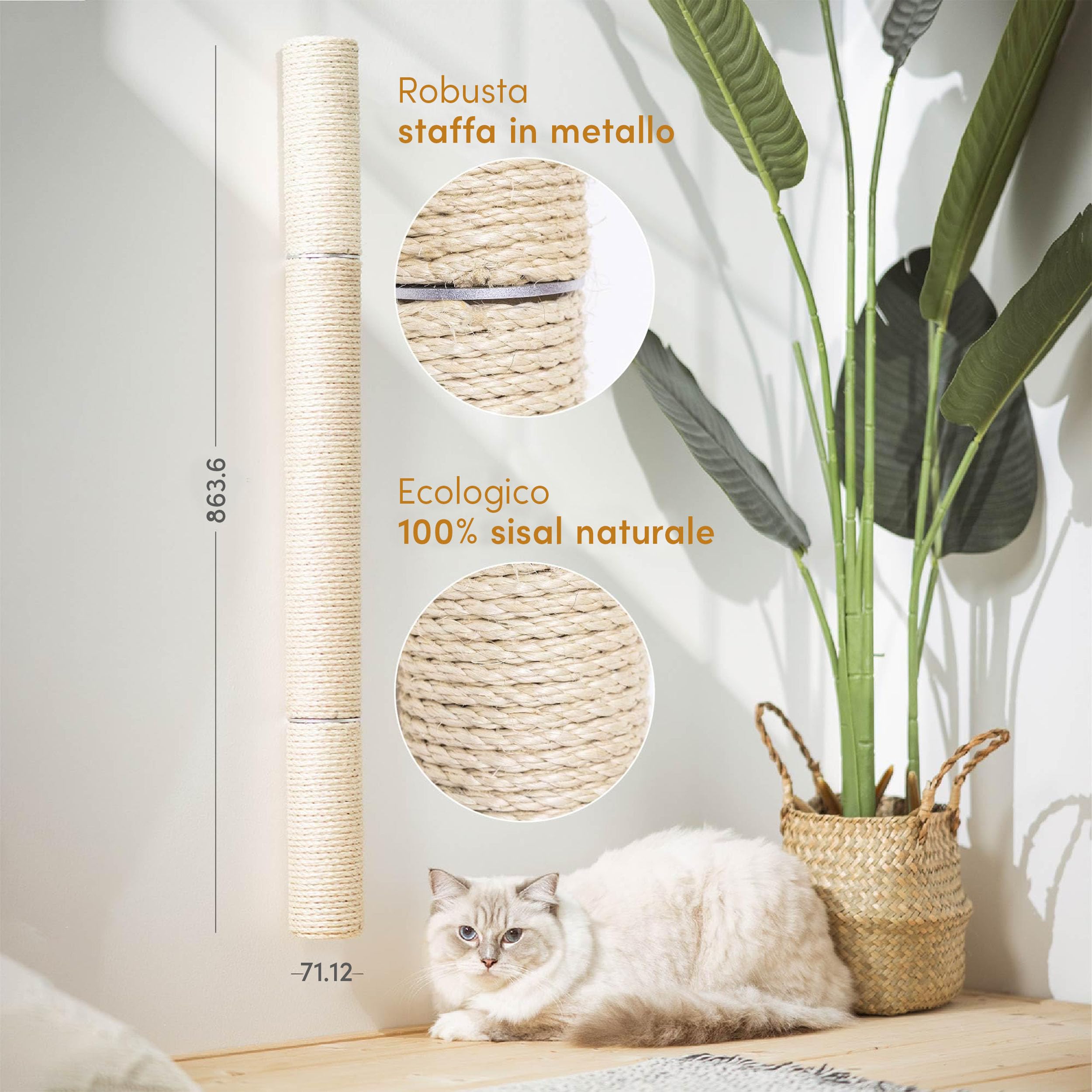 Tiragraffi da Parete per Gatti 86,4 cm | Palo Tiragraffi in Sisal Naturale | Tiragraffi Verticale per Gatti | Soluzione Salvaspazio da Parete | Gatti Moderno e Resistente