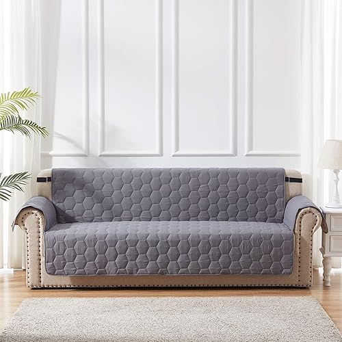 Miniatura 2 de SunStyle Home Funda de sofá gris oscuro, resistente al agua, funda protectora para muebles, funda acolchada de panal con correa elástica ajustable y