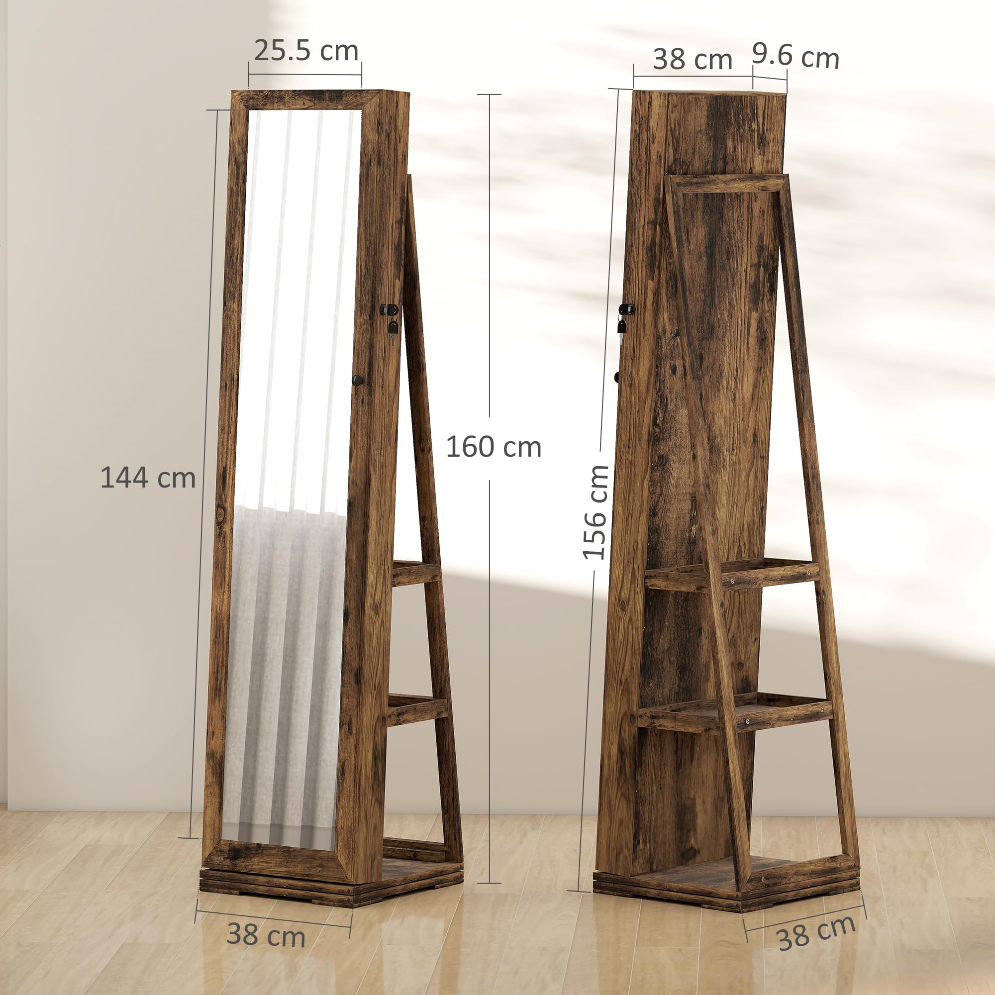 HOMCOM Espejo Joyero de Pie Giratorio 360° con Cerradura, Marrón Rústico