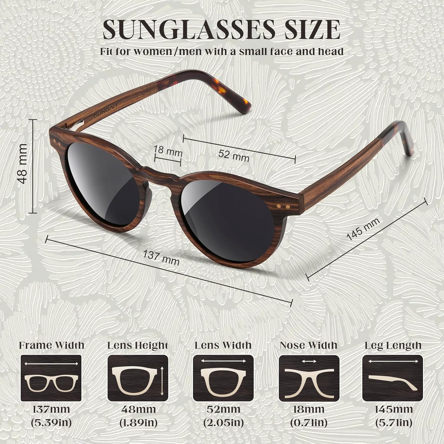 SUNGAIT Round Wood Polarized Sunglasses Womens Vintage Retro Oak Walnut Rosewood Wooden Shades UV Protection - Image 5