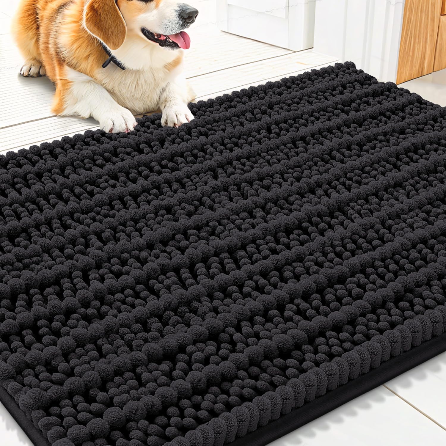 Smiry Dog Door Mat for Muddy Paws 30x20, Extra Soft Absorbent Chenille Doormat, Trap Moisture and Dirt, Non-Slip Machine Washable Front Door Mat for Indoor Entrance Inside Floor, Black