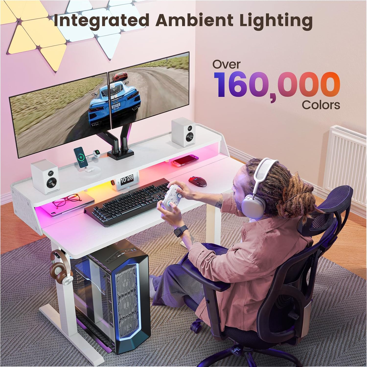 ErGear Standing Desk with LED Strip, 48″ x24″ Electric Height Adjustable RGB Gaming Table with Shelf, Sit Stand Desk with Dual Cable Holes, C-Clamp Mount Compatible, 4 Preset Heights, White ErGear Standing Desk with LED Strip, 48″ x24″ Electric Height Adjustable RGB Gaming Table with Shelf, Sit Stand Desk with Dual Cable Holes, C-Clamp Mount Compatible, 4 Preset Heights, White