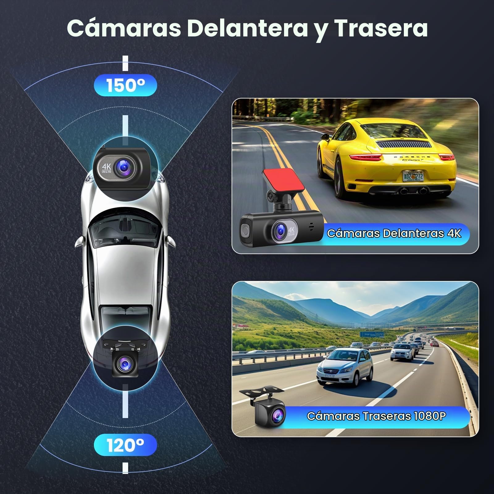 Hodozzy 4K Dashcam Cámara Coche Delantera y Trasera, WiFi Dash CAM Coche con Tarjeta, Cámara de Coche con App Control Sensor G Grabación en Bucle Súper Visión Nocturna Monitor de Aparcamiento