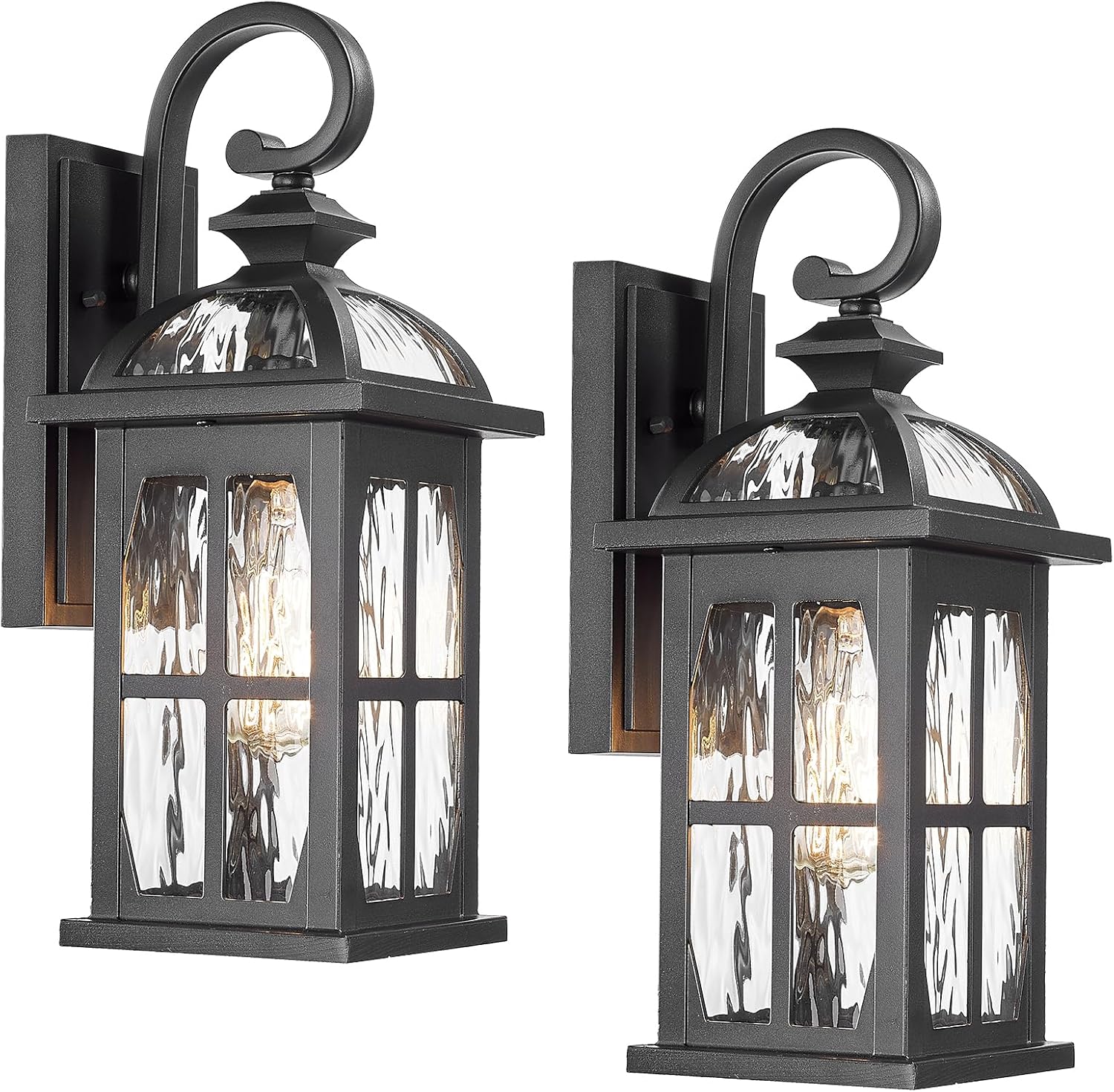 Darkaway Outdoor Wall Light Exterior Light Fixture with Water Ripple Glass, Aluminum Outside Lights Sconces Exterior Lighting for House Porch Patio Doorway Garage Black-Water Ripple Glass Medium-2 Pack
