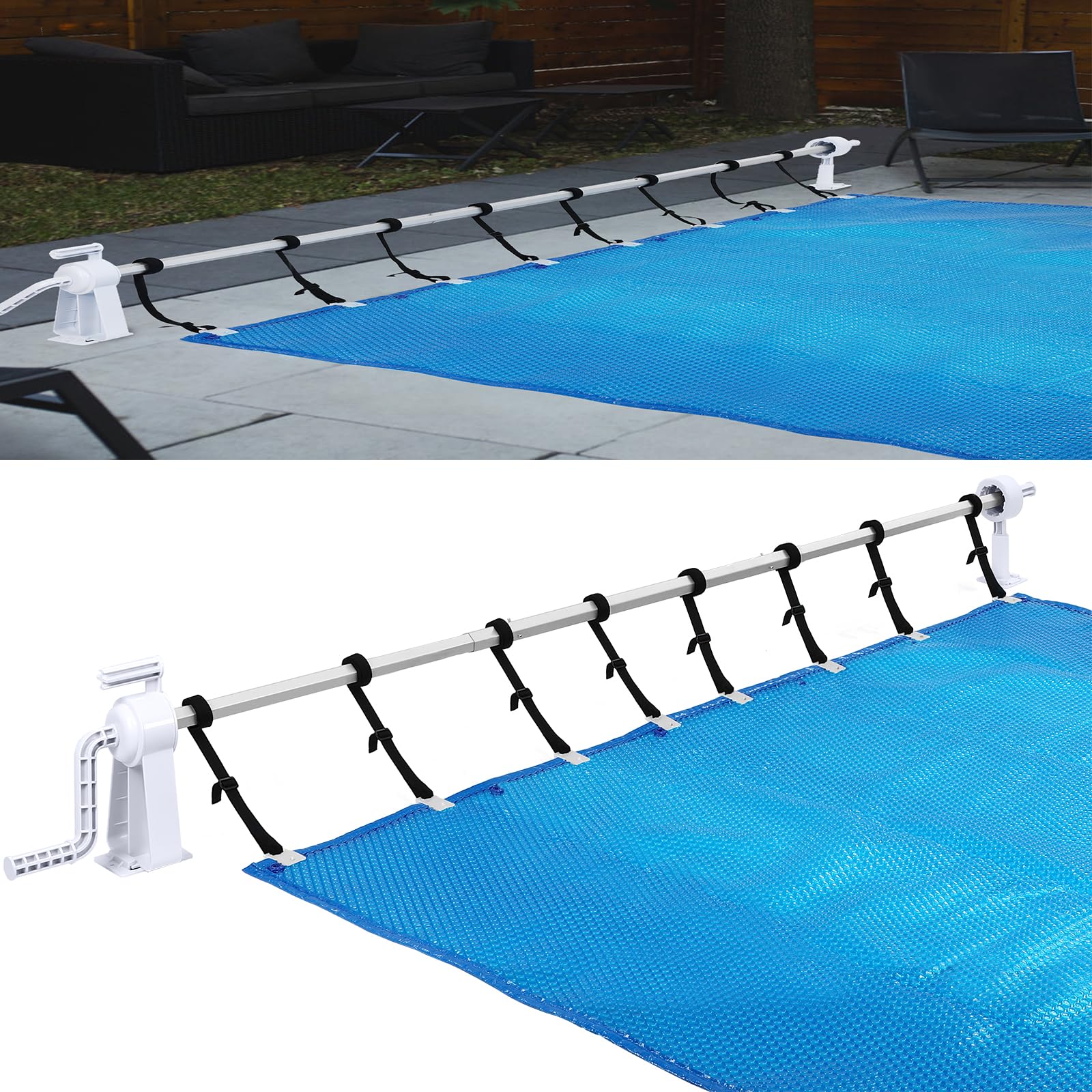 HENGMEI Système d'enroulement de piscine avec bandes de fixation pour films solaires, bâches de piscine et couvertures de 105 à 615 cm