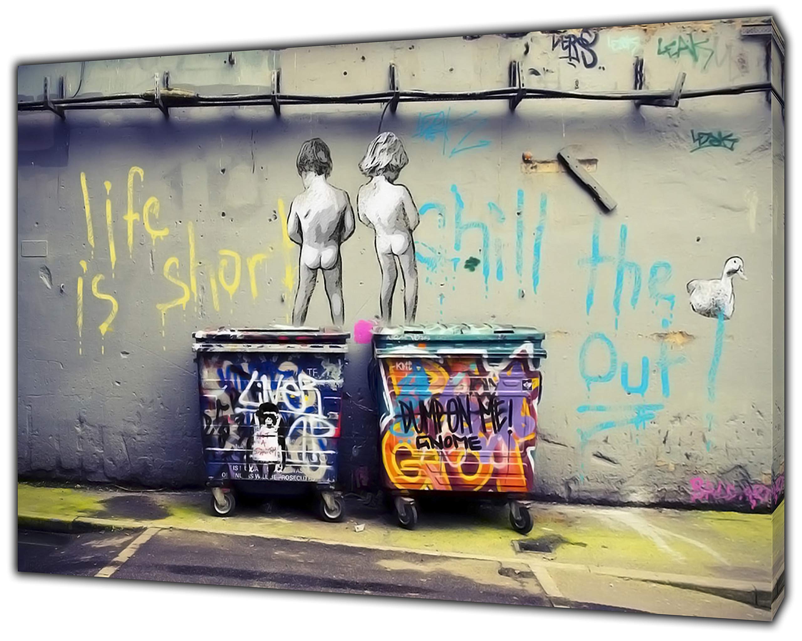Artsprints White Banksy Life Is Short Kids Peeing Art Reprint On Framed Canvas Wall Art Home Decoration 20 X 12 Inch(50X 30 Cm) -18Mm Depth