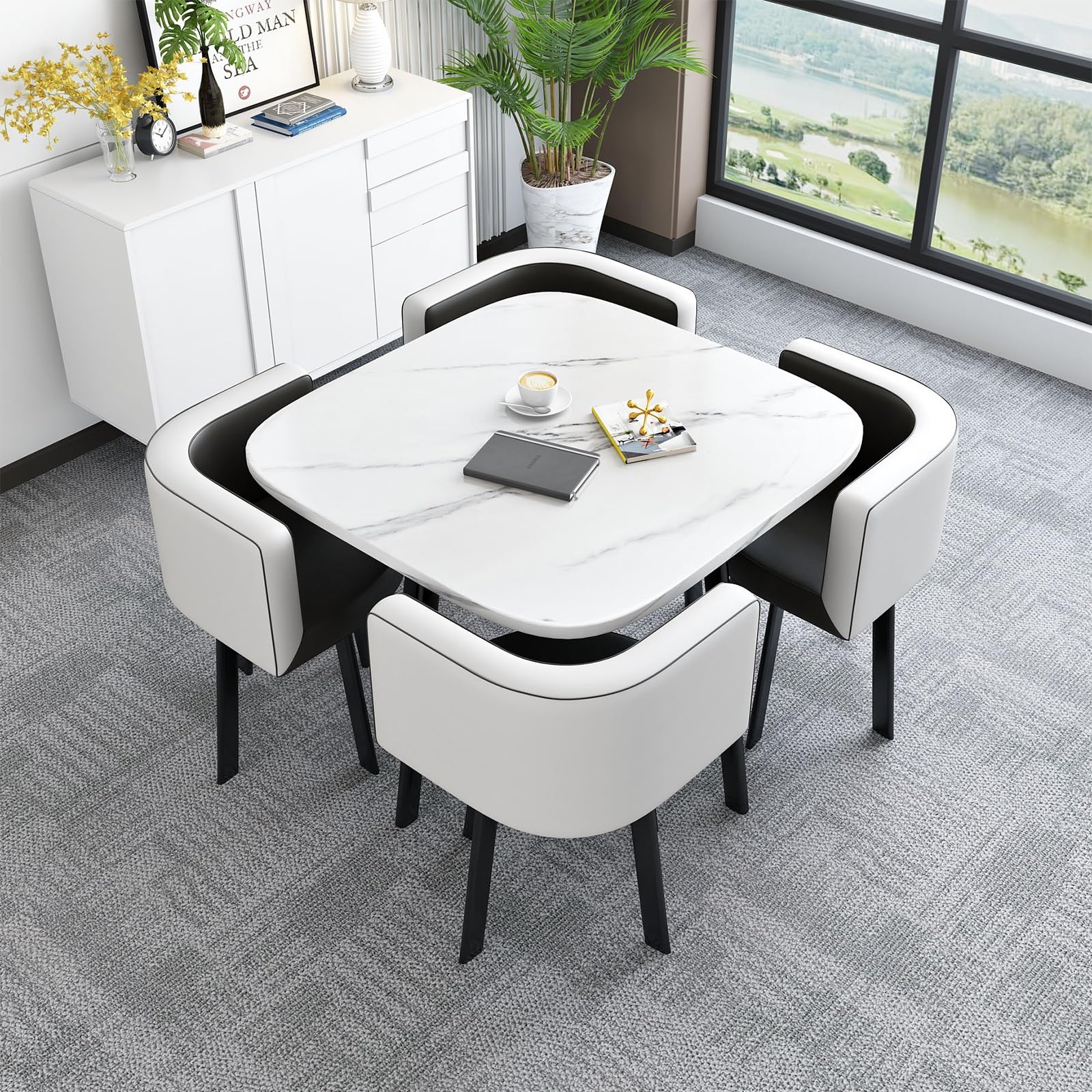 Set da pranzo per 4 persone, moderno, quadrato, con 4 sedie, mobile compatto per conferenze, ideale per cucina, reception, lounge e trattative commerciali, bianco e nero.