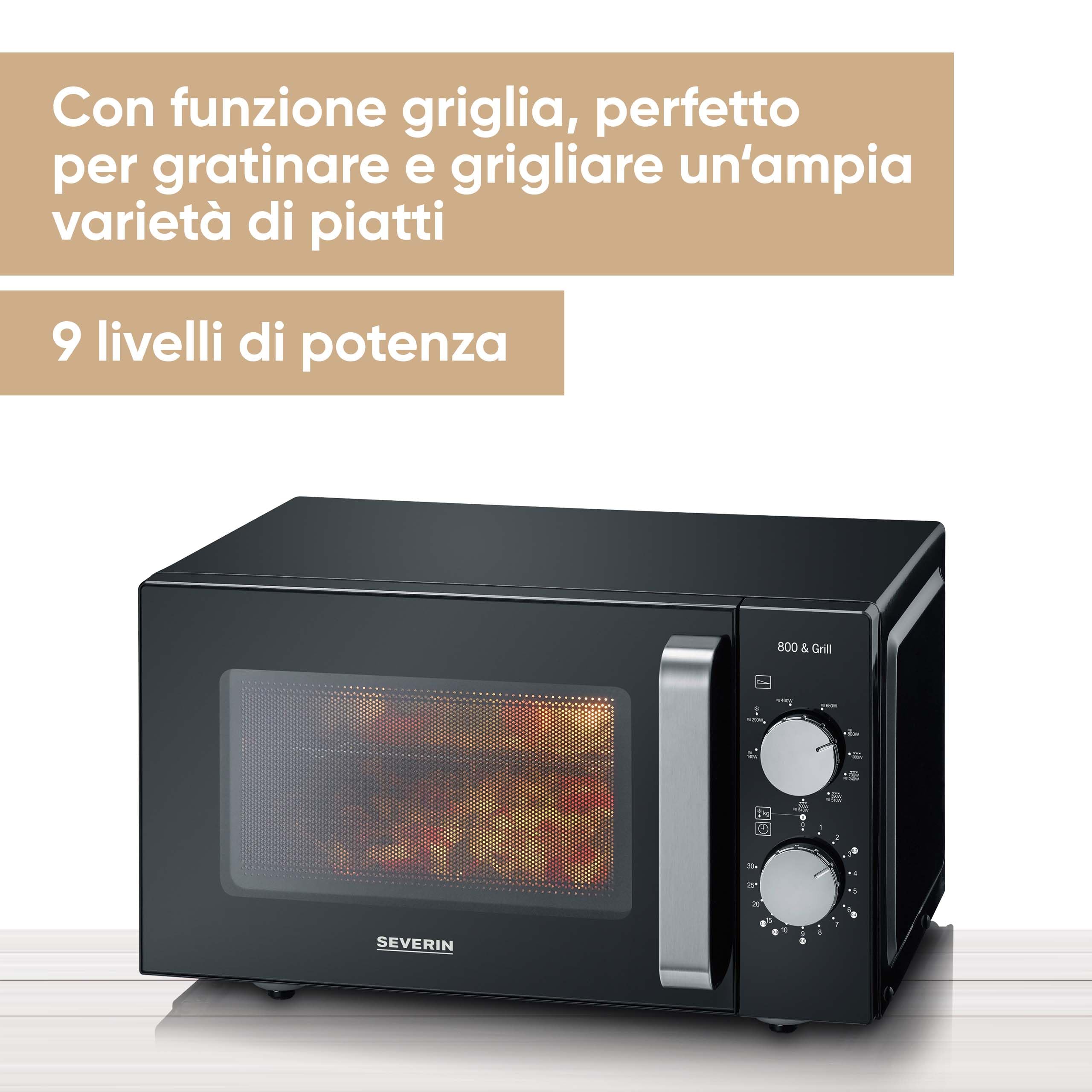 SEVERIN Forno a Microonde, 800W, 20 Litri, Fondo Piatto in Vetro, Senza Piatto Girevole, 6 Livelli Potenza, con Funzione Scongelamento, 46,5 x 39,5 x 27,5 cm, Nero/Acciaio Inox - MW 7761