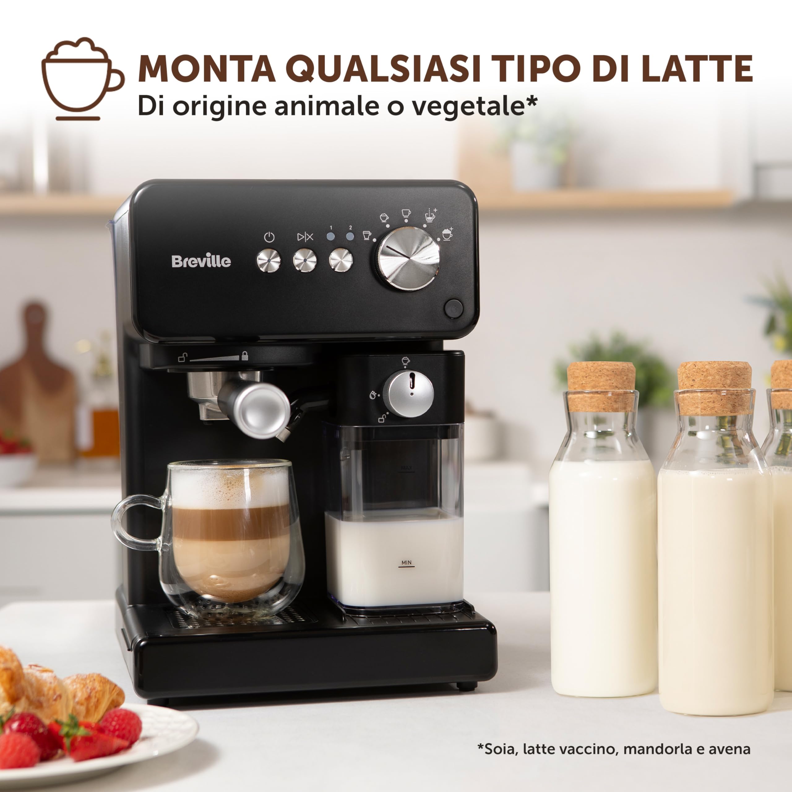 Breville Prima Latte One-Touch Macchina per caffè espresso | Montalatte automatico | Macchina per cappuccino, latte e altro | Pompa italiana da 15 bar | Nero | VCF183X