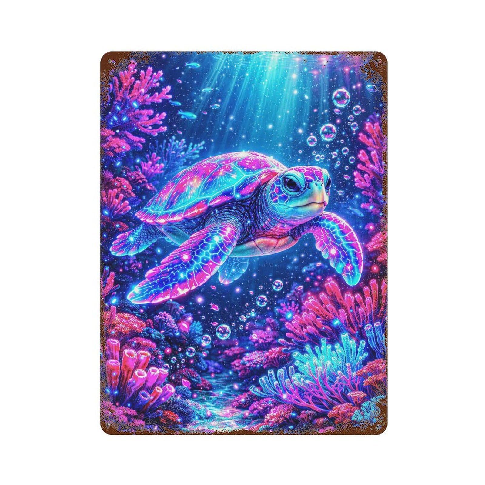 Neon Turtle Underwater Coral Reef Vintage Rust Metal Sign 15.7"x11.8", Ideal for Cafe, Home Bar And Lounge Decor