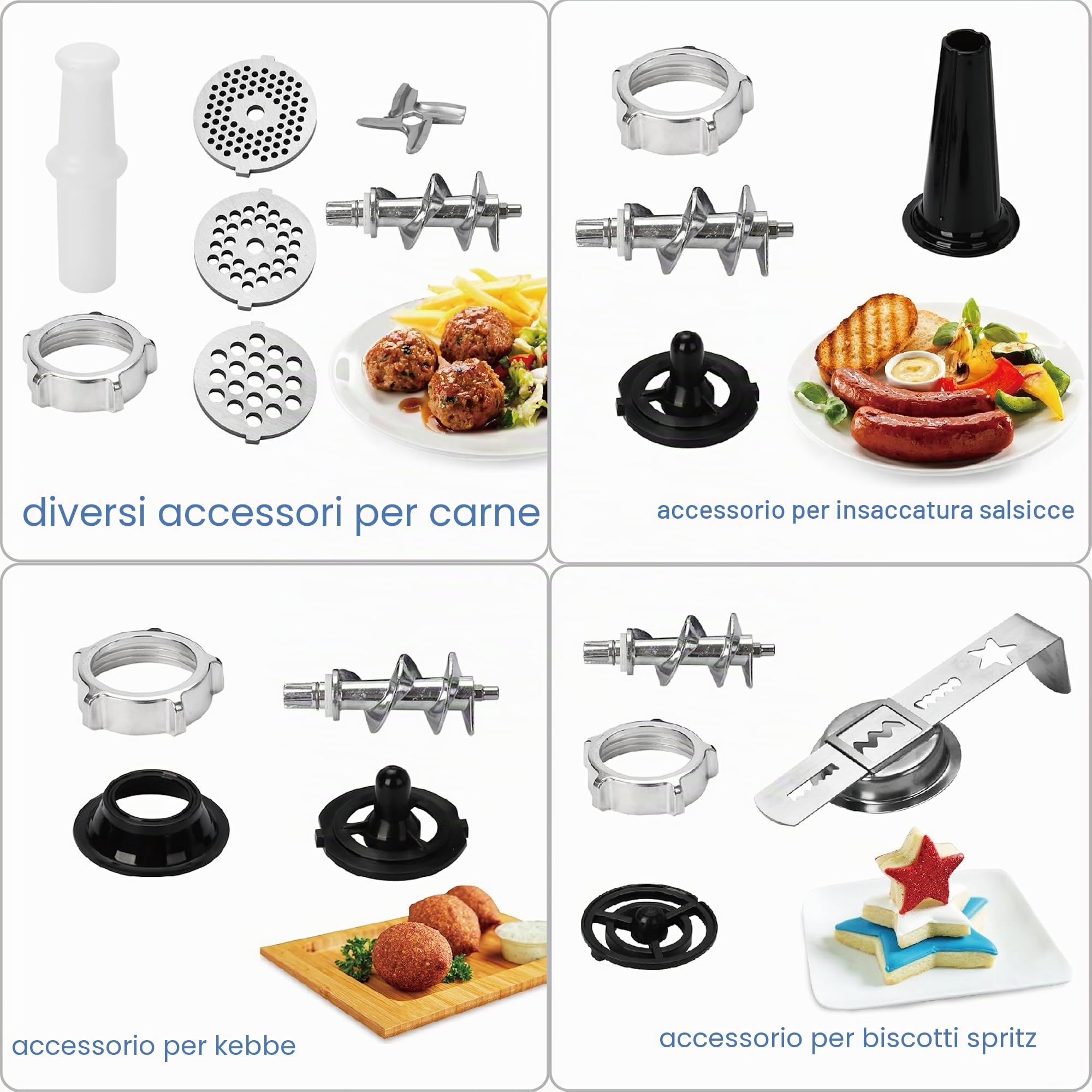 Emerio Tritacarne | elettrico | 3 inserti per carne (fine/medio/grossolana) + inserto per salsiccia + inserto per kebbe+inserto per biscotti per 4 stampi per biscotti | senza BPA | Avanti e ritorno |