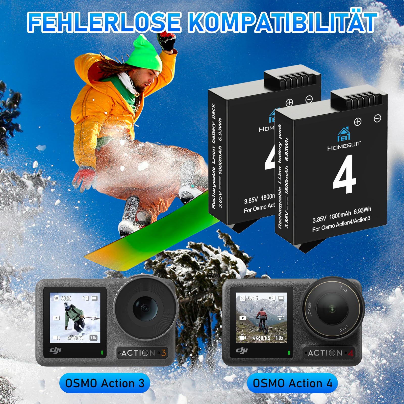 Caricabatterie E Batterie Per DJI Osmo Action 3/4 - Set Con 2 Batterie 1800mAh E Doppio Caricatore - Foto 7