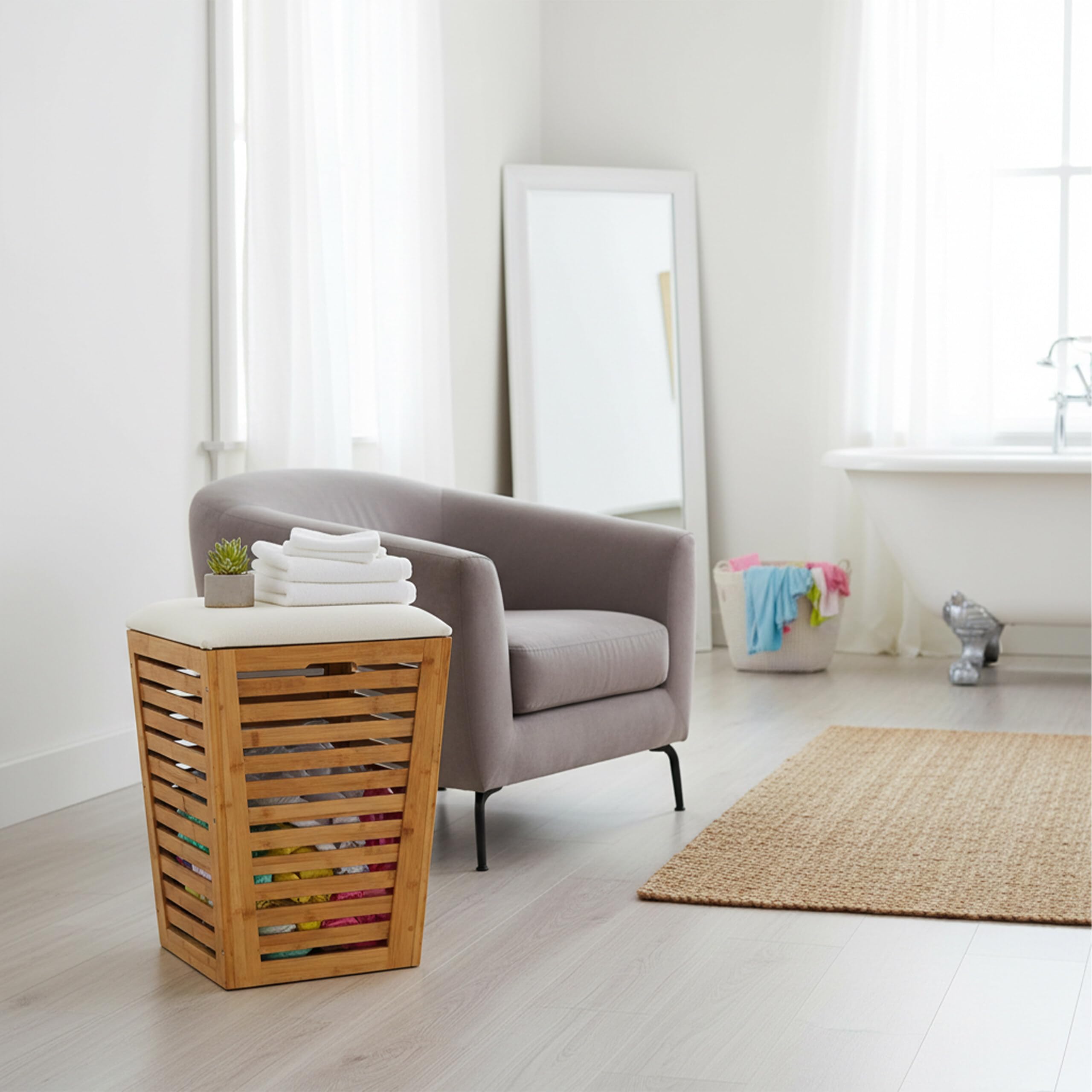 Relaxdays Corbeille à Linge siège avec Rangement 55L 56x40x40 cm en Bambou et Tissu Naturel crème