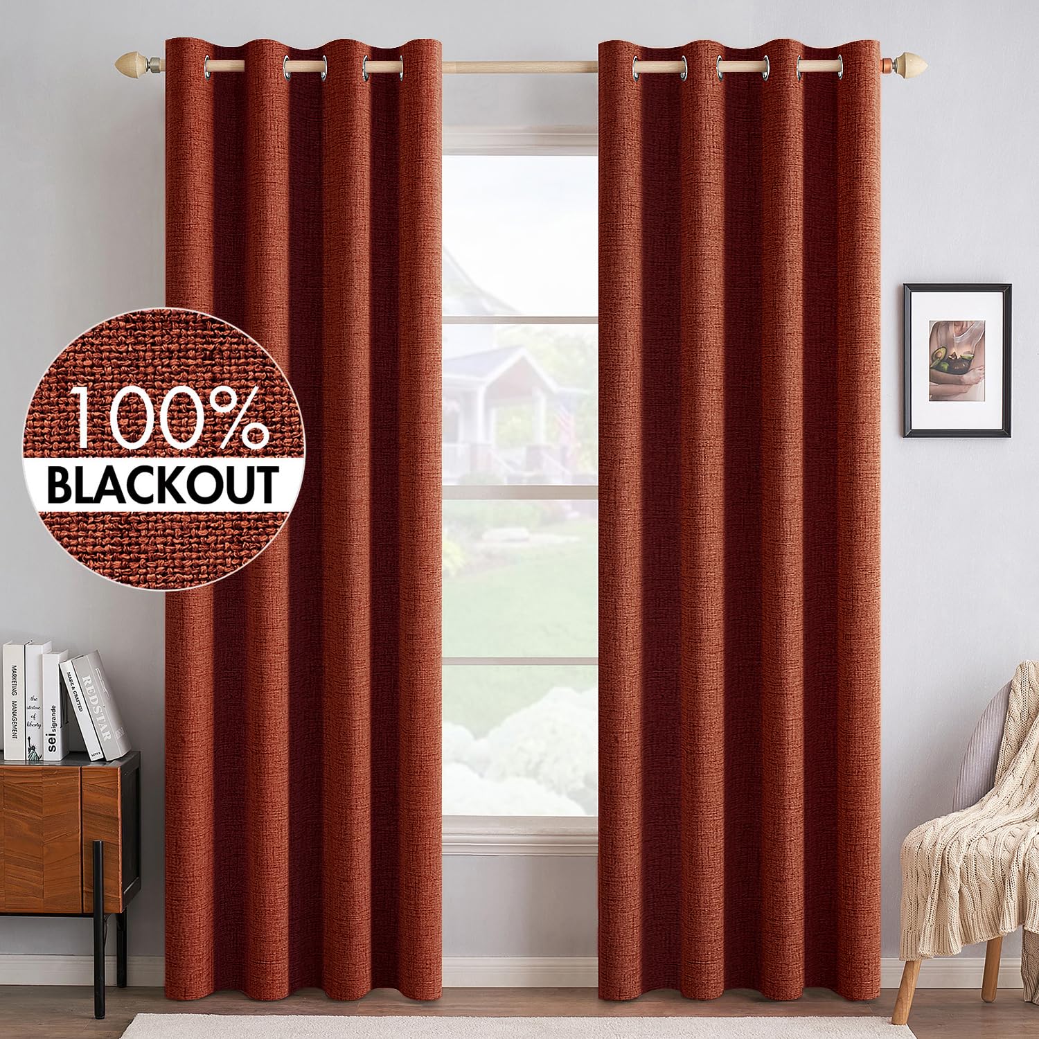 miulee linen curtains 100% blackout for bedroom thermal insulated burnt orange grommet room darkening curtains & drapes rust terracotta fall decor for living room nursery 52 x 72 inch (2 panels)