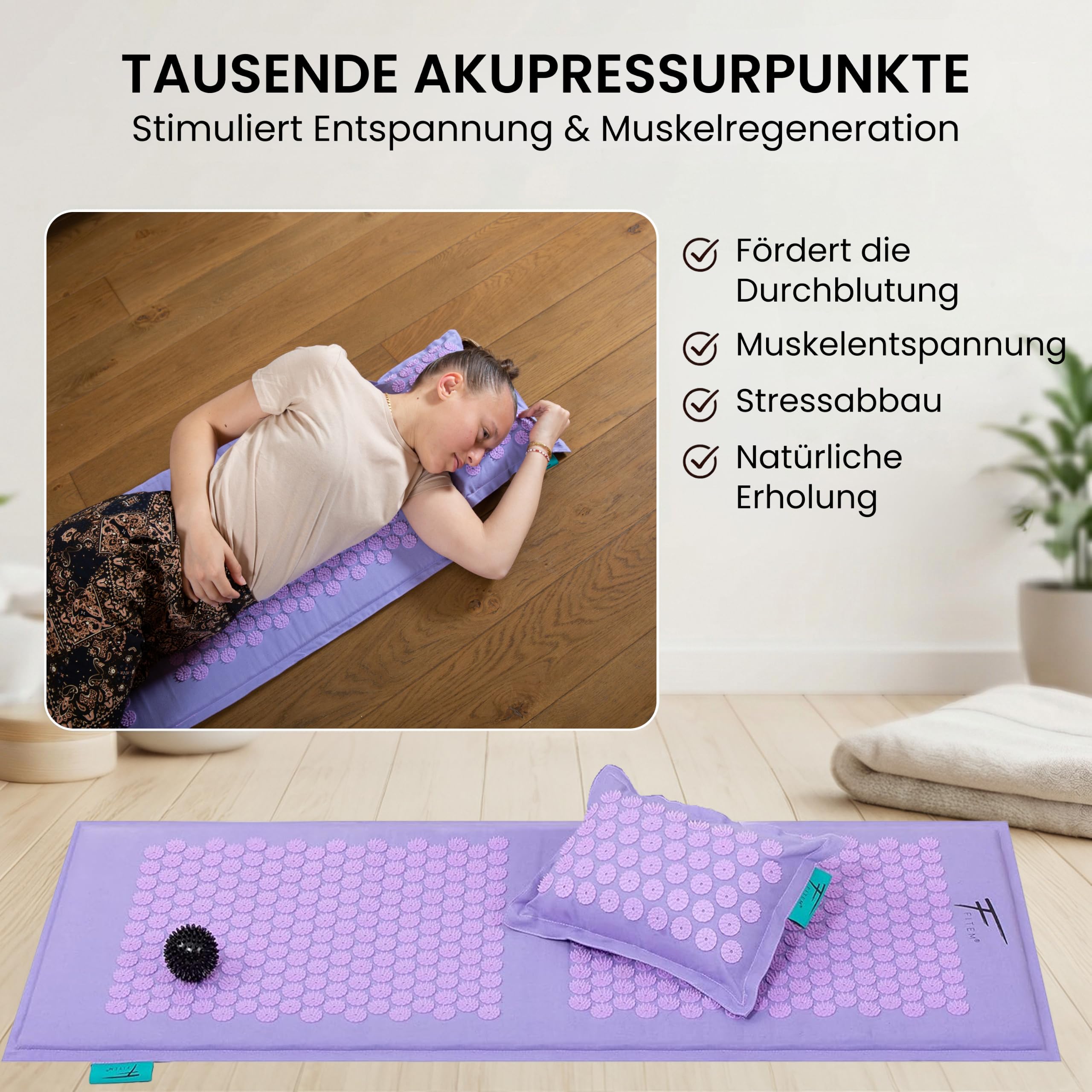 Fitem Akupressurmatte mit Kissen & Ball, 100% Kokos, XL Violett