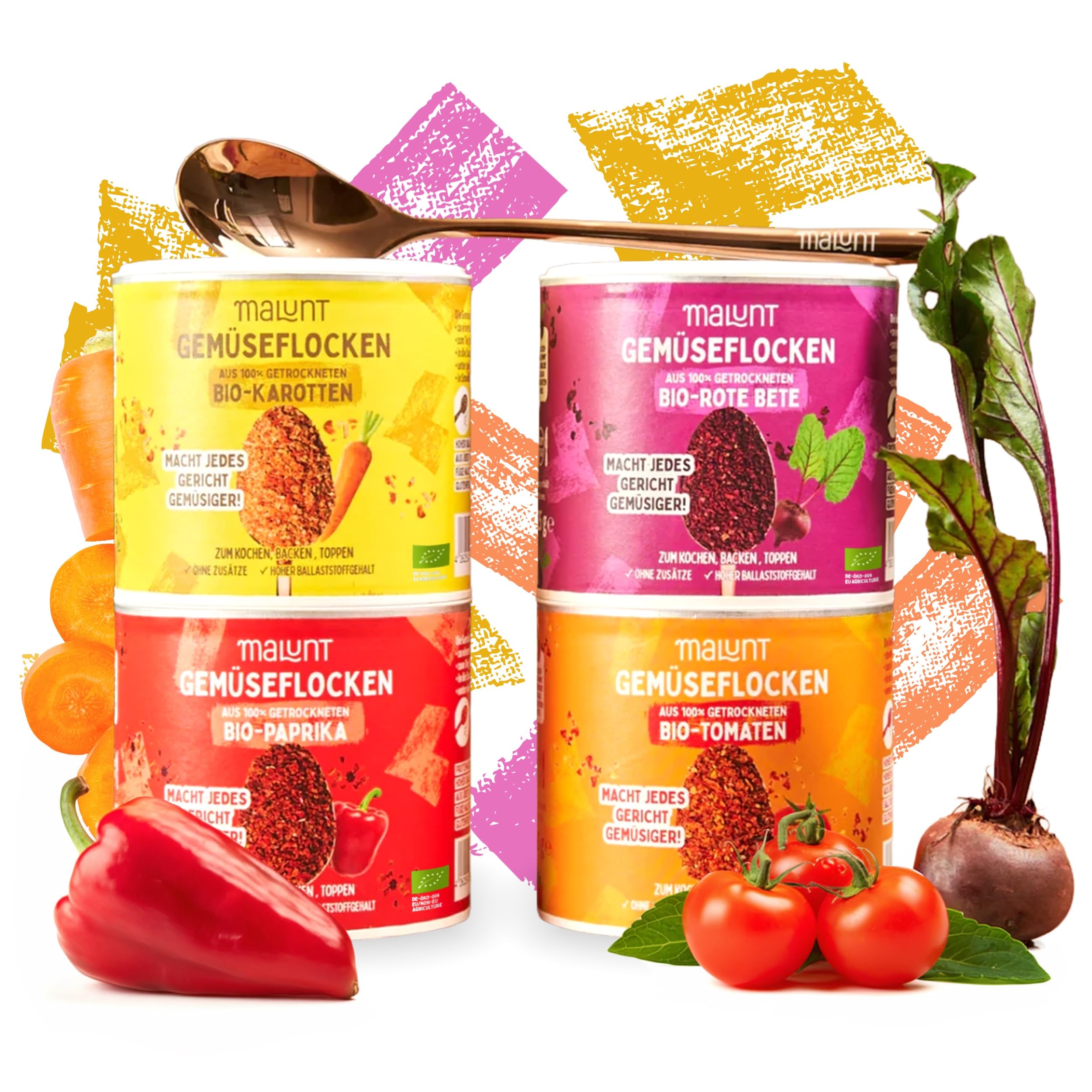 malunt Starterset Bio Gemüseflocken - Karotten, Paprika, Rote Bete, Tomaten