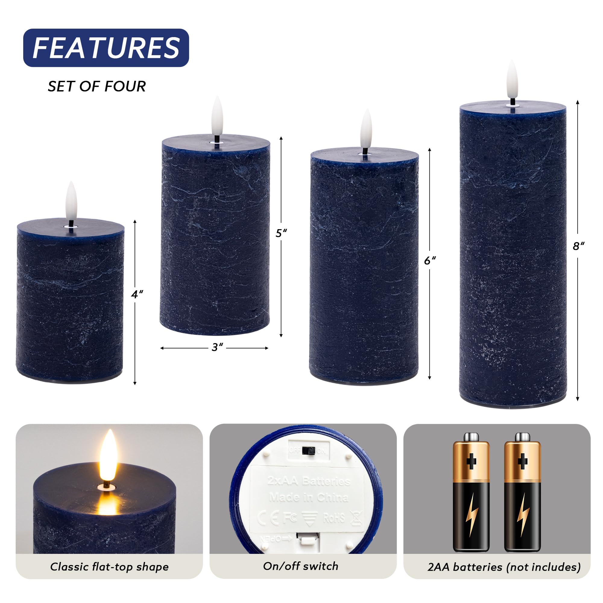 AFINETH Blue Flameless Pillar Candles, Battery Operated Candles with Remote, Real Wax Flickering LED Candles for Home Party Wedding Holiday Decor, Set of 4, ? 3