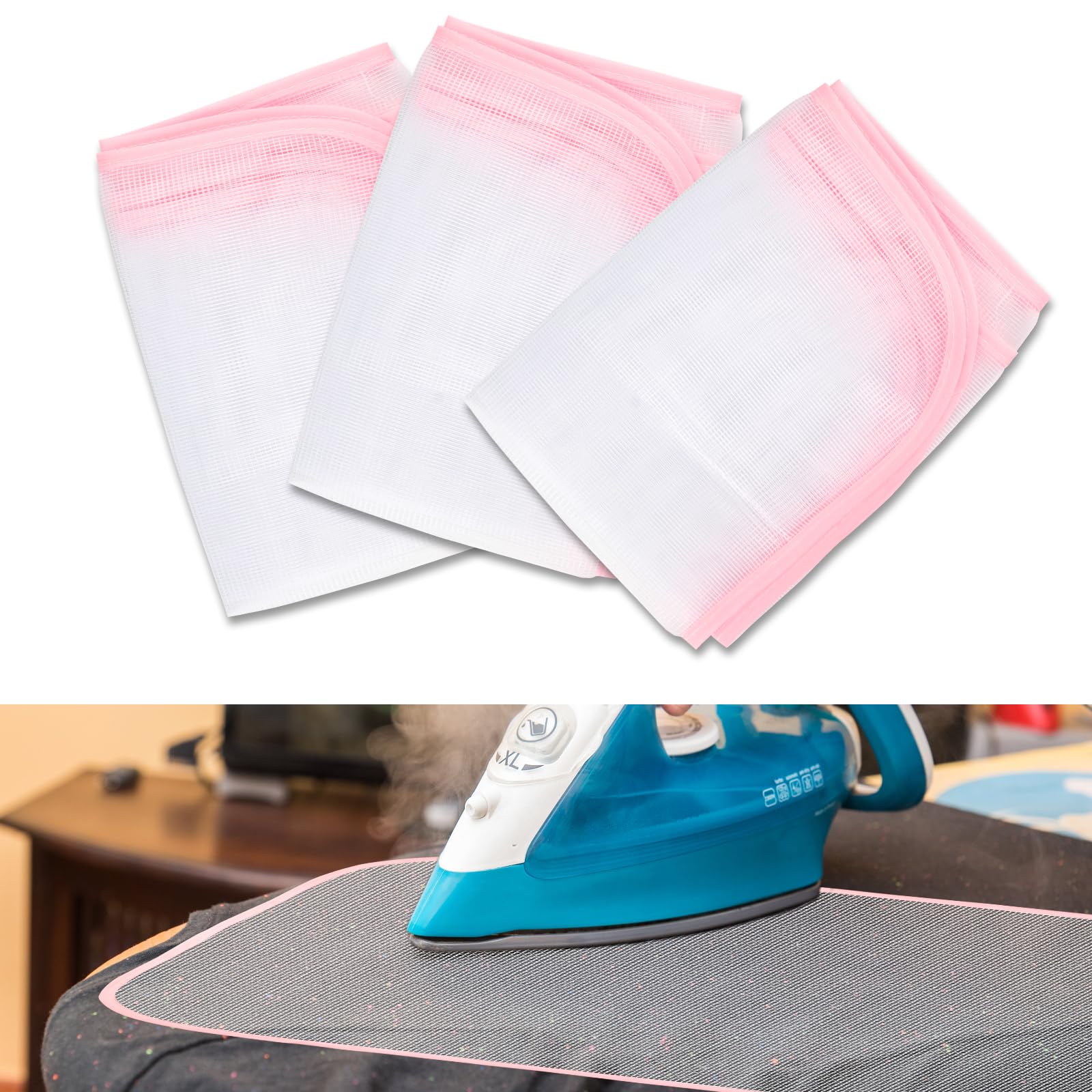 LUSTRIB - 3 paños protectores para planchar, resistentes al calor, con borde rosa y malla protectora para planchar.