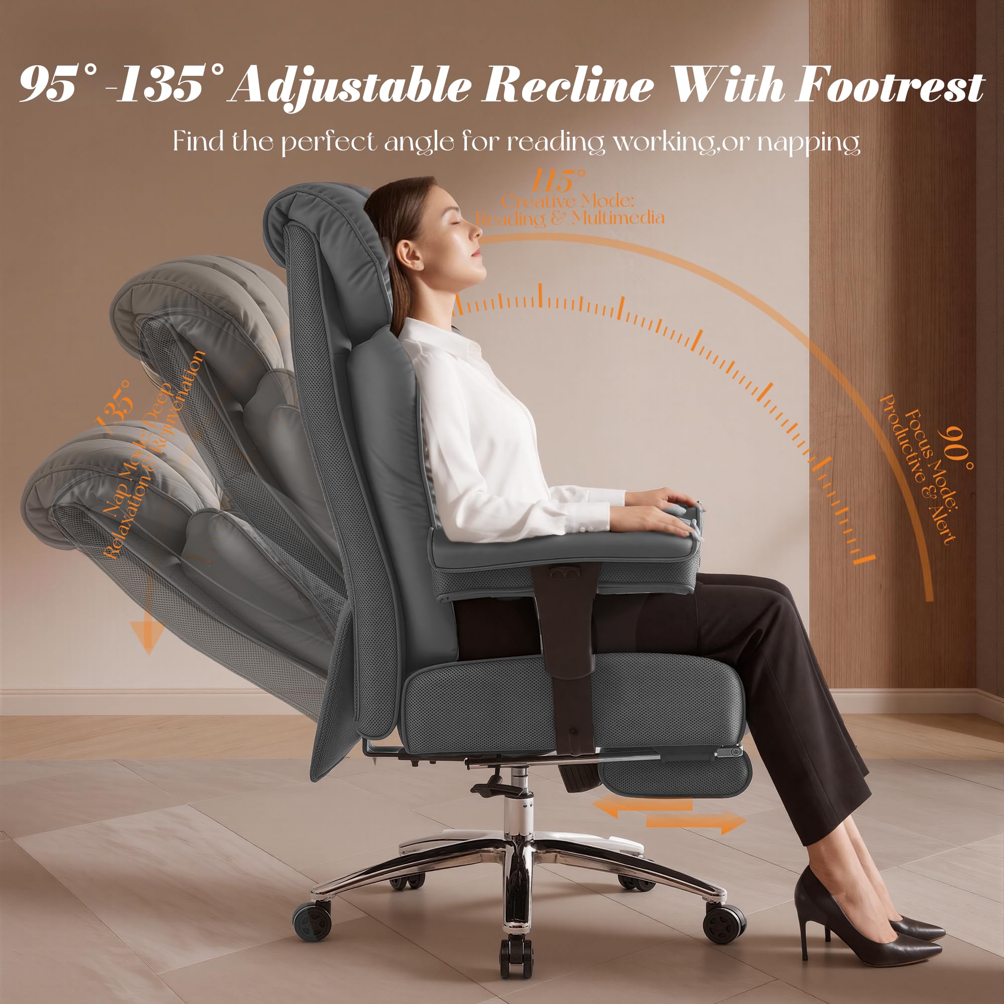 Efomao Bürostuhl, Executivesessel PU-Leder mit Integrierter Lendenwirbelstütze, Ergonomischer Chefsessel bis 200kg mit Ausziehbarer Fußstütze für Home Office, Höhenverstellbar