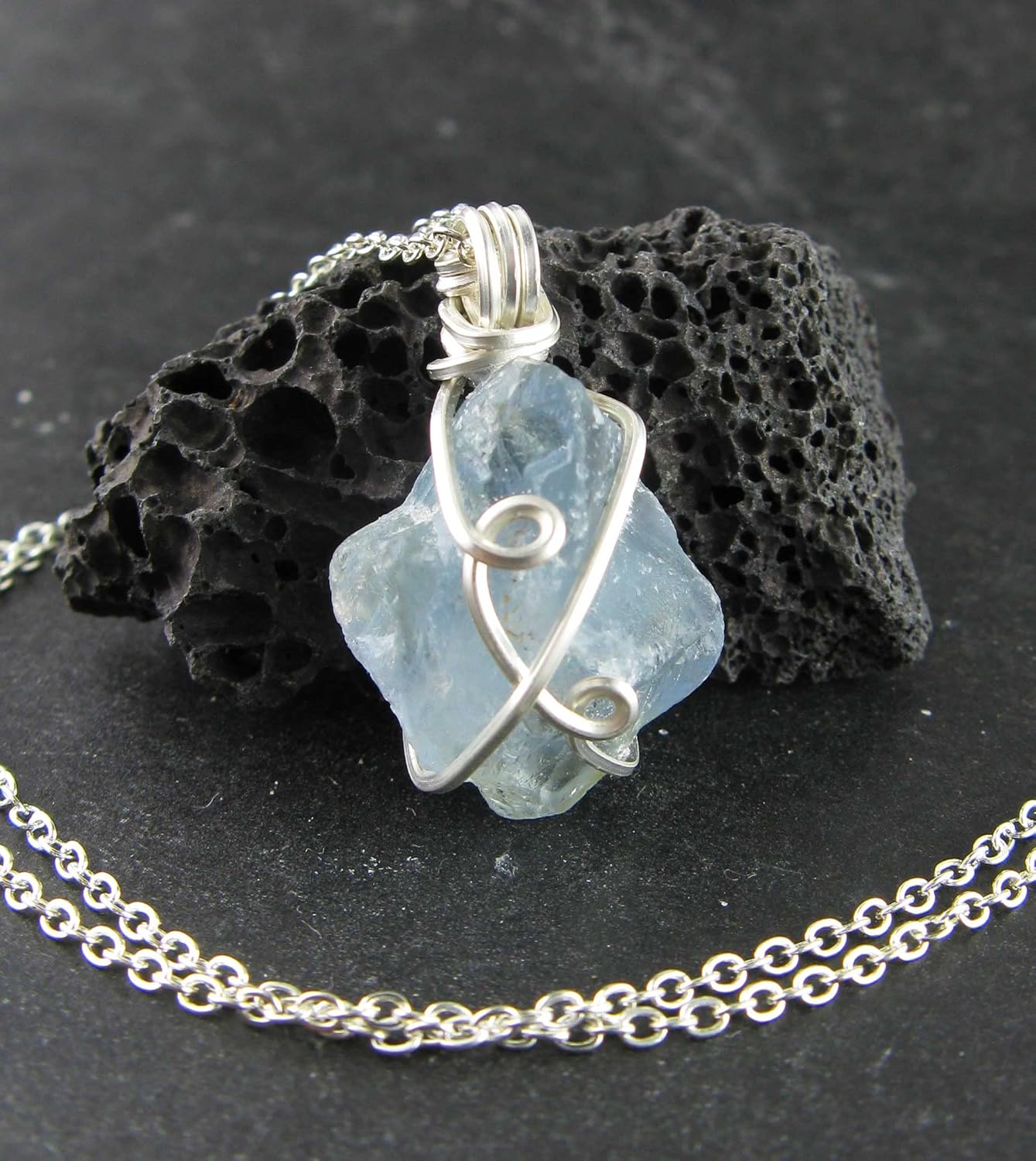 Woot & Hammy Silver Wire Wrapped Raw Blue Celestite Crystal Pendant Necklace, Swirl Design, Comes With 20" (51 cm) Silver-Plated Chain (S)