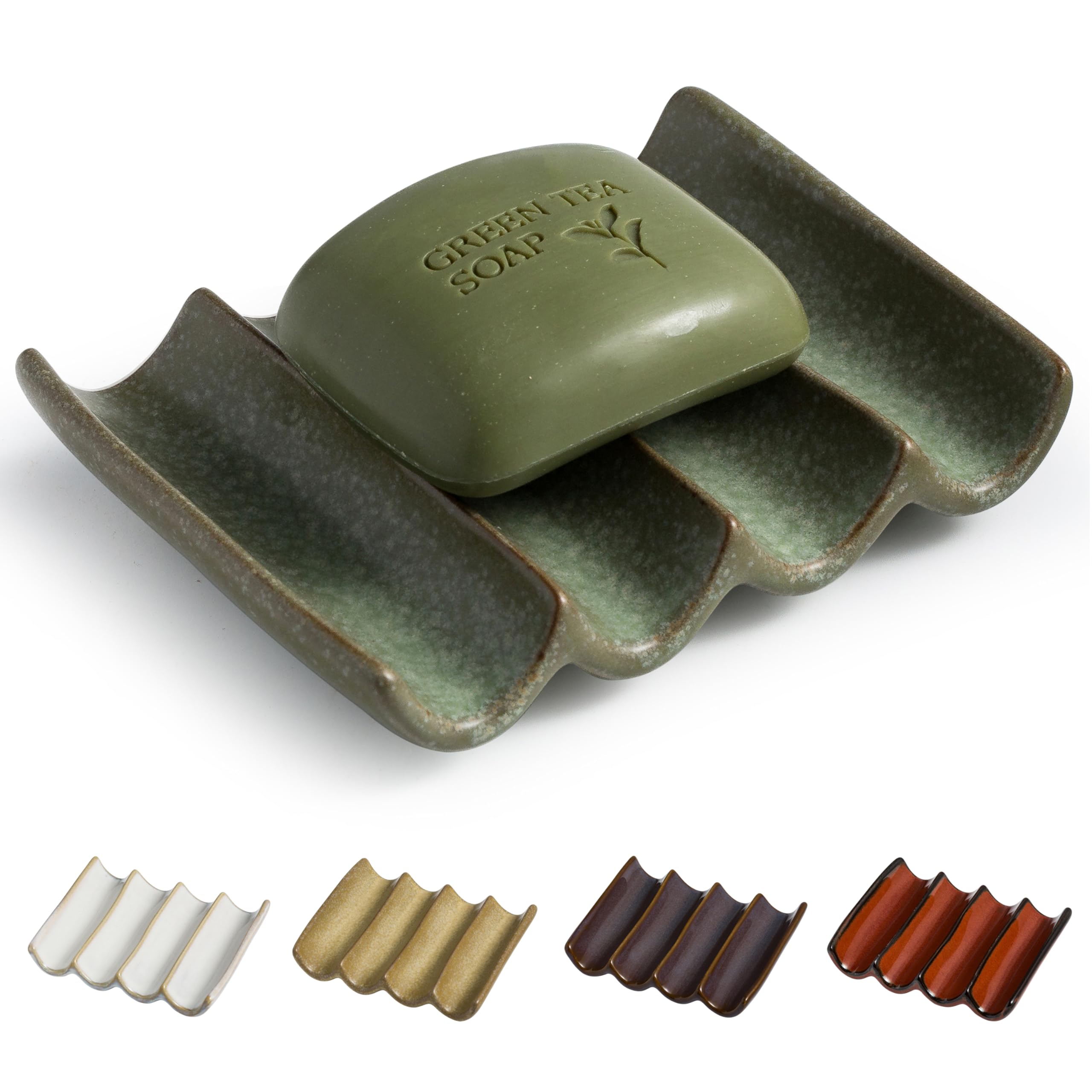 Draining Ceramic Soap Dish - Fluted Design, Bar Soap Holder for Shower & Bathroom, Soap Saver Sponge Lift, Green