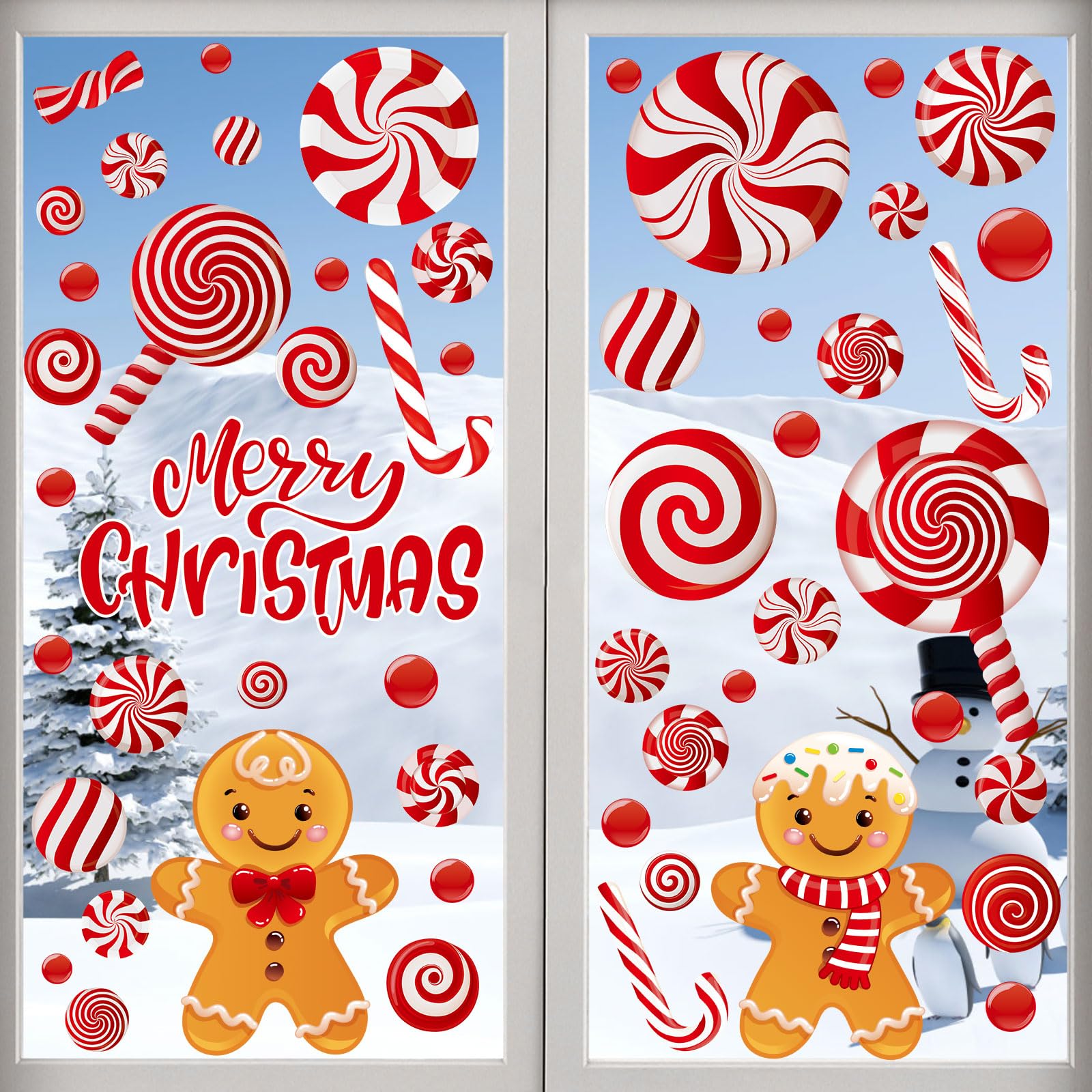AhfuLife 73Pcs Christmas Window Clings, Red Xmas Gingerbread Man Candy Window Stickers for Christmas Decorations, Reusable Double Sided Xmas Candy Stickers for Home Party Indoor Decorations