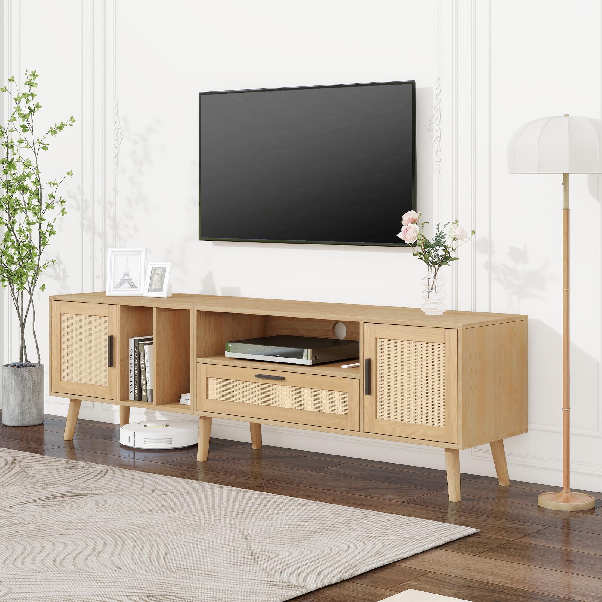 Mobile TV spazioso 180 cm con decorazione in rattan, 2 ante, un cassetto, gambe in legno massello, può ospitare TV da 80 pollici, armadietto per TV