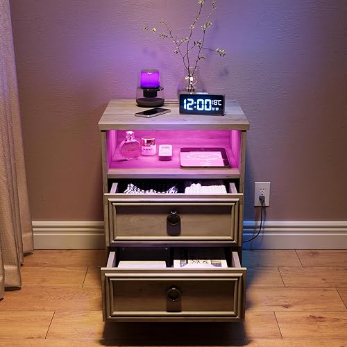 Miniatura 9 de LGHM Juego de 2 mesitas de noche con tira de luces de estación de carga, mesita de noche grande con 2 cajones, mesa auxiliar de cama decorativa de