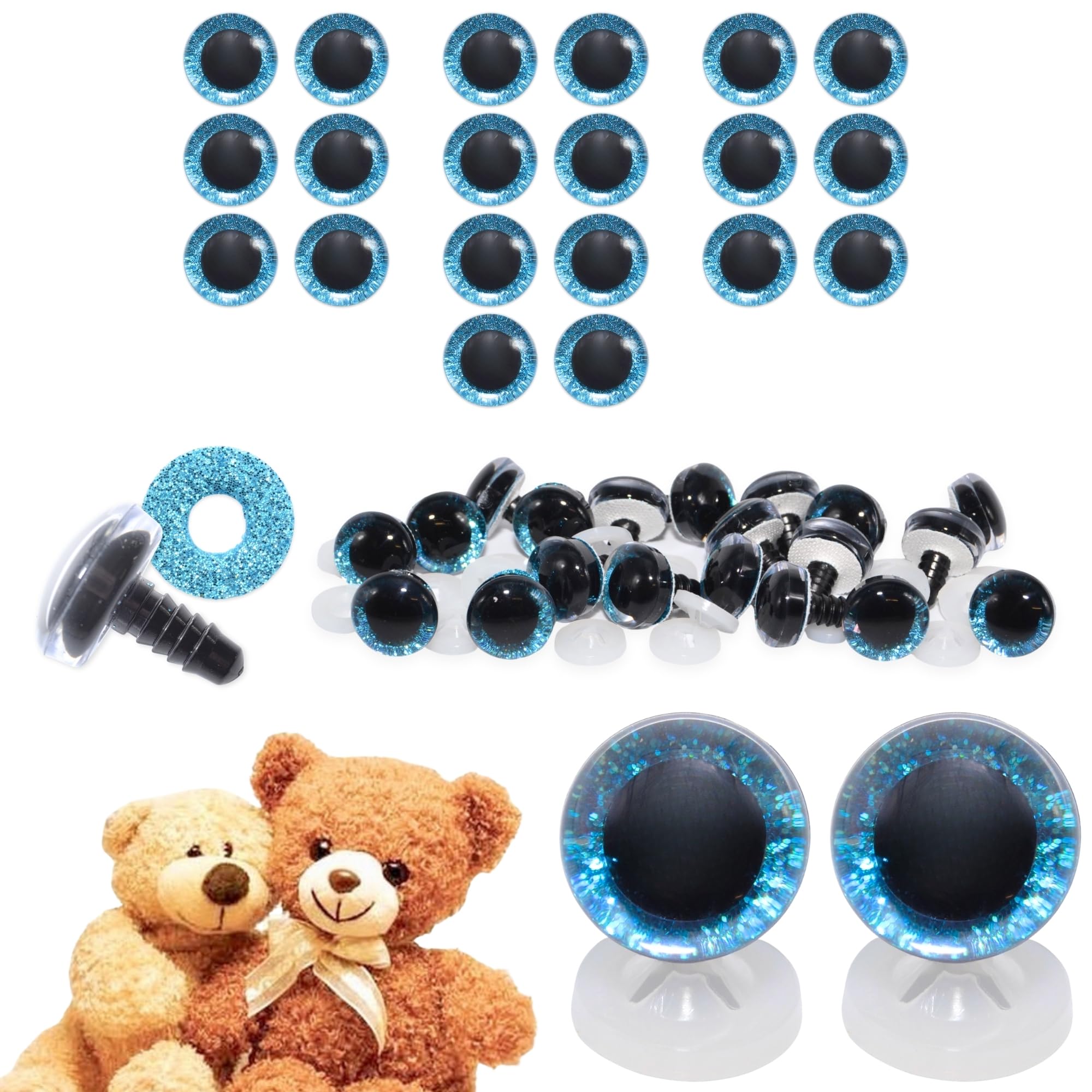 celloexpress 14mm Blue 3D Glitter Eyes with Plastic Backs - Sparkle Safety Eyes for Soft Toy Teddy Bear Animal Making (Pack of 10 Pairs)