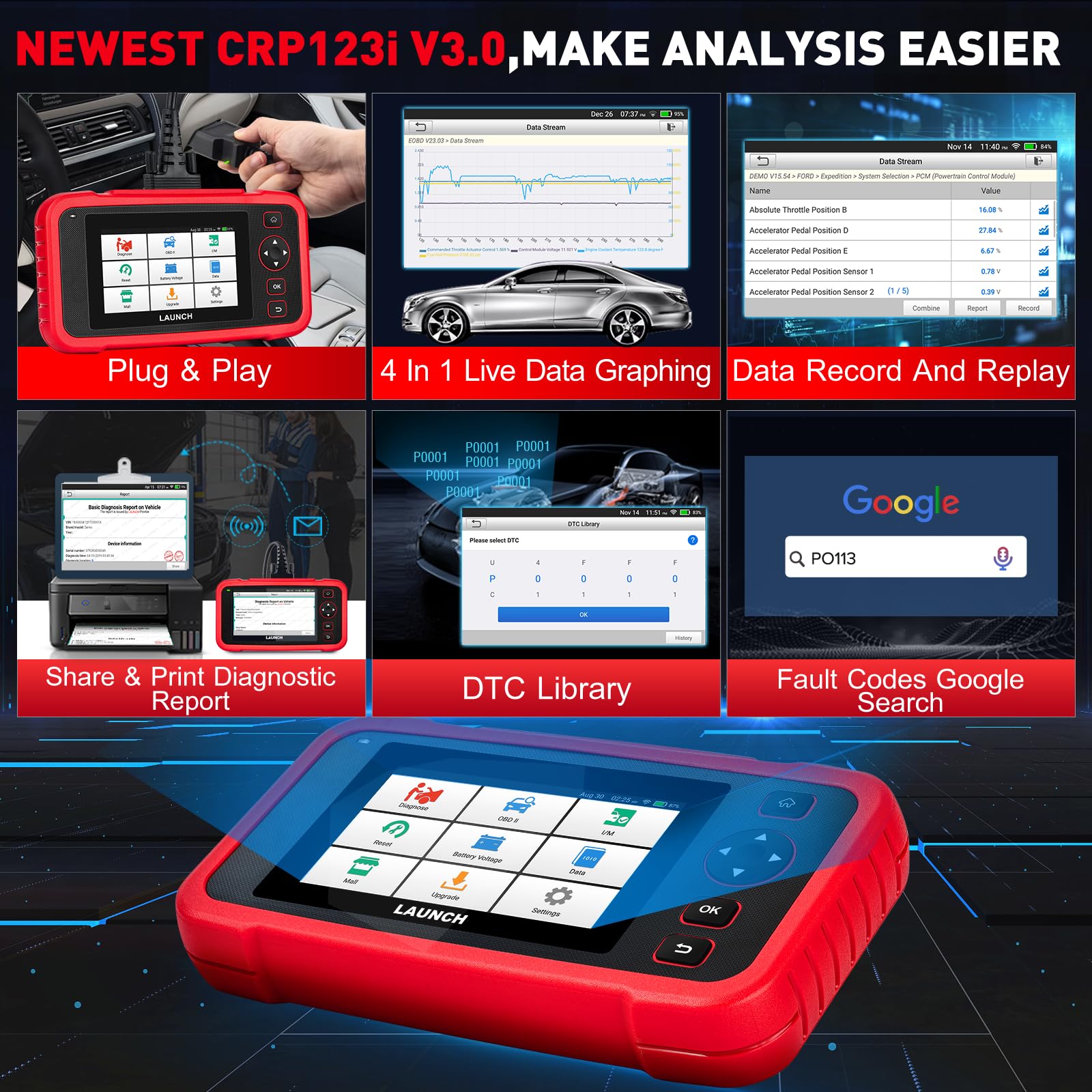 OBD2 Diagnosegerät Auto LAUNCH CRP123i V3,OBD-Diagnosegerät 4 Systeme Diagnose KFZ Codeleser Scanner, 7+ Reset Öl/Brake/SAS/ABS/DPF/BMS/ETS,Bildschirmtastatur&Tastenbedienung