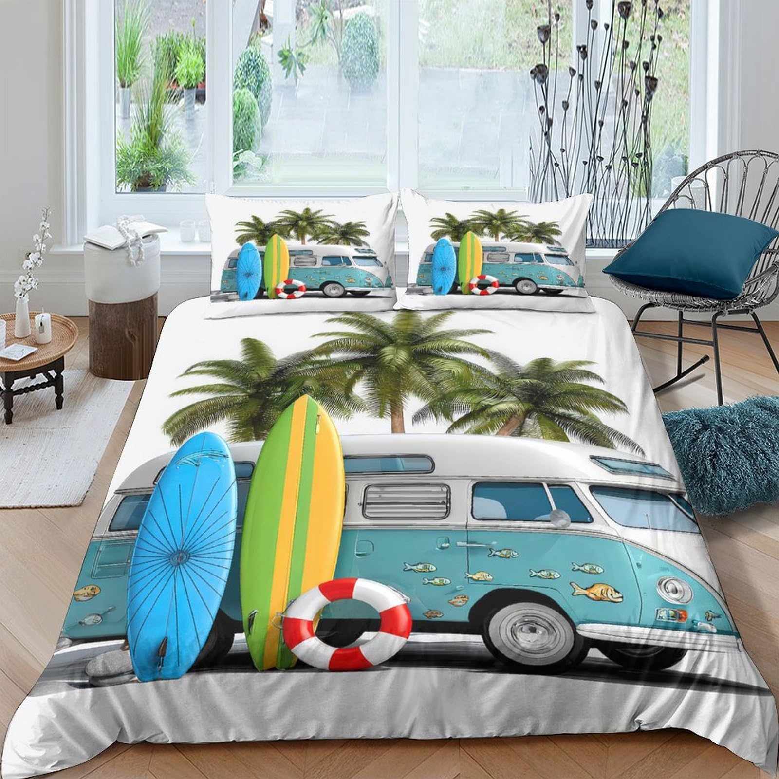 Ctjqhvkz Style-2 3D Printed Beach Van Fitted Sheet Microfiber Palm Tree Surfboard Mattress Cover For Bedroom Guest Room Decor Single（135X200cm）