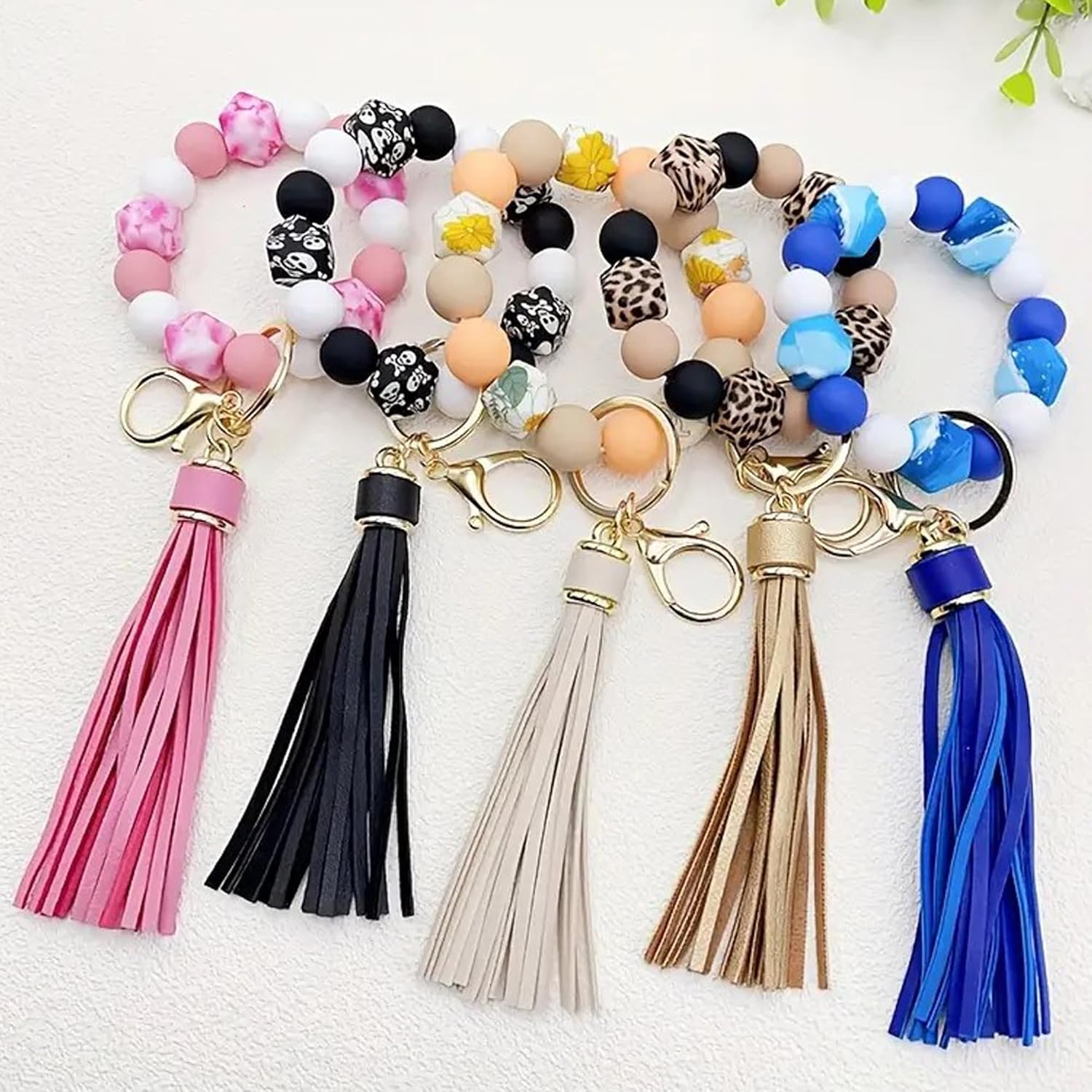 Silicone Beaded Keychain Bracelet Key Ring with Leather Tassel,Leopard Key Chain Holder Wristlet Bangle for Women - Image 6