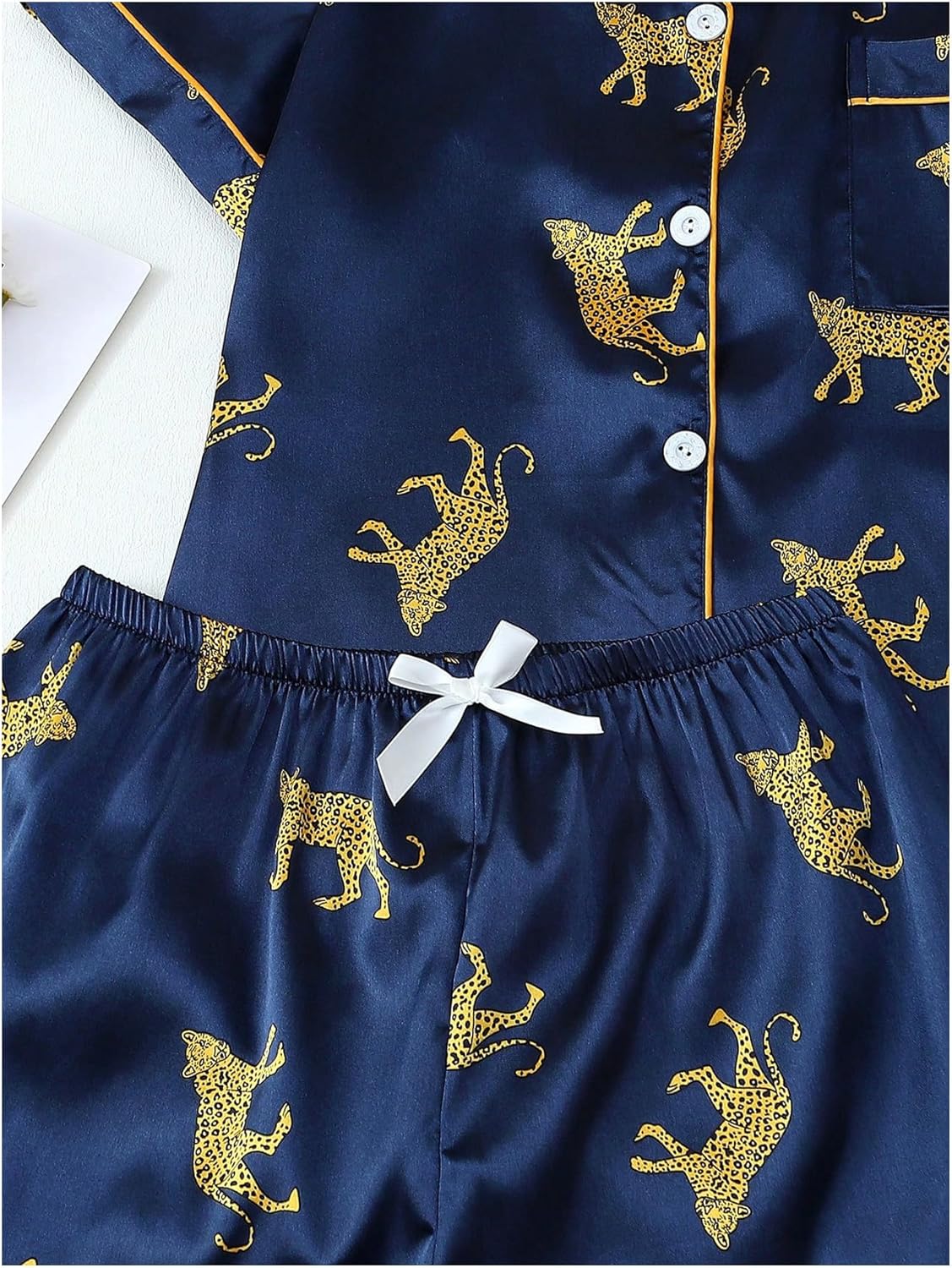 WDIRARA Women's Leopard Satin Pajama Set Short Sleeve Button Down Shorts Pj Set 2 Piece Sleepwear - Image 5
