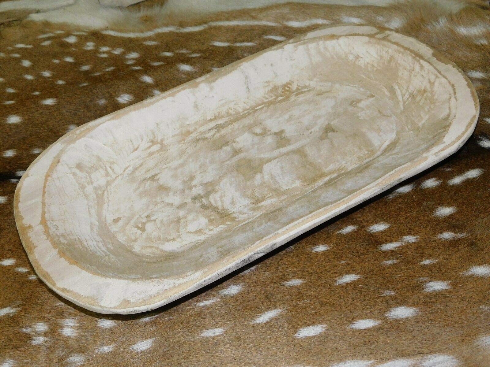 (NEW Brackets) Carved Wooden Dough Bowl Primitive Wood Tray Trencher Shabby White Decor 21 1/4