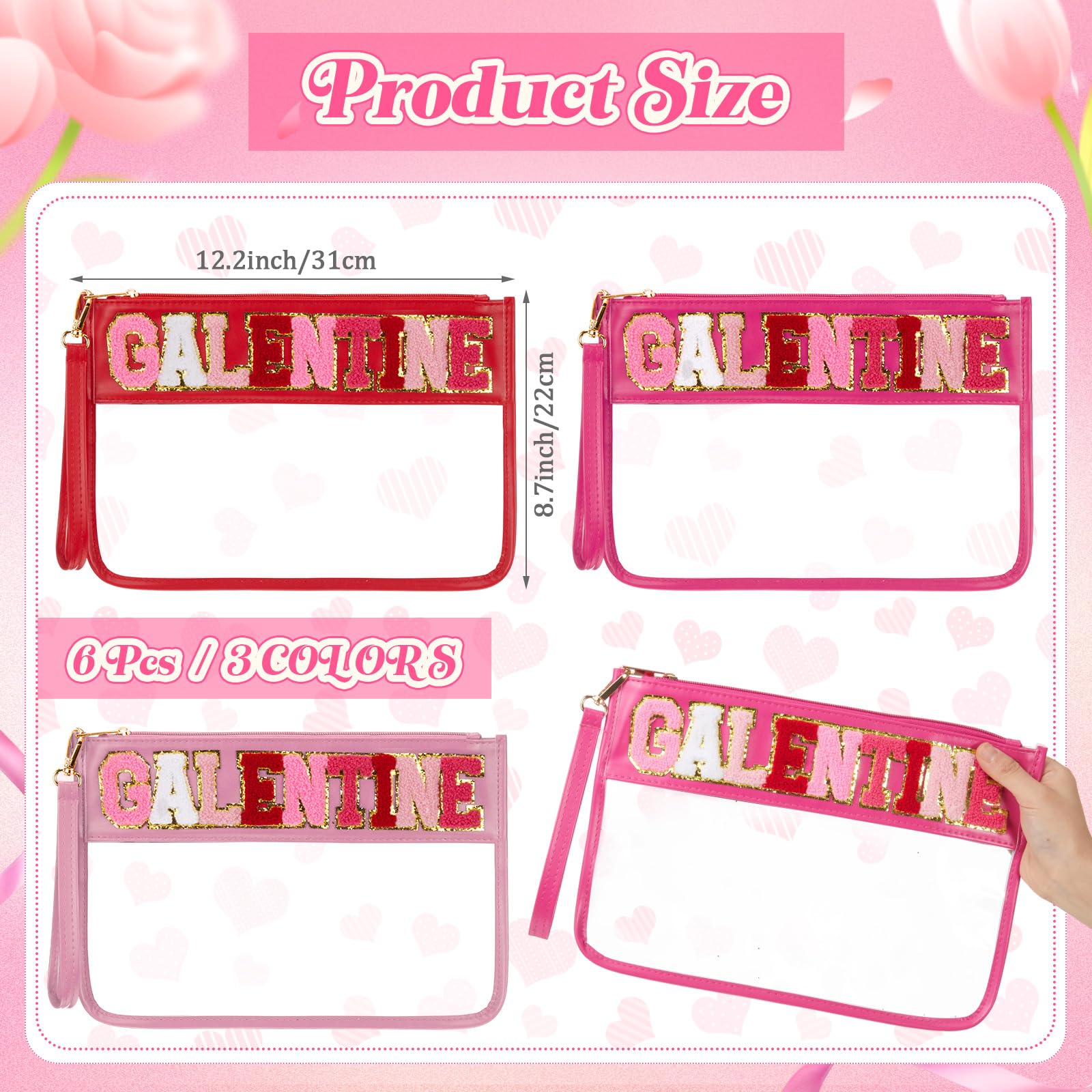 Shinylin 6 Pcs Galentine's Day Makeup Bags Gifts Bulk Chenille Letter Clear Zipper Pouch Waterproof Nylon Organizer for Women Girls Friends Ladies Valentine's Day Party Favors Decorations