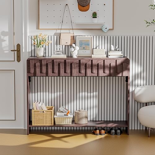 Miniatura 6 de Mesa consola con 2 cajones, mesa de sofá de madera de 43 pulgadas detrás del sofá, mesas de entrada estrechas de granja con estante de