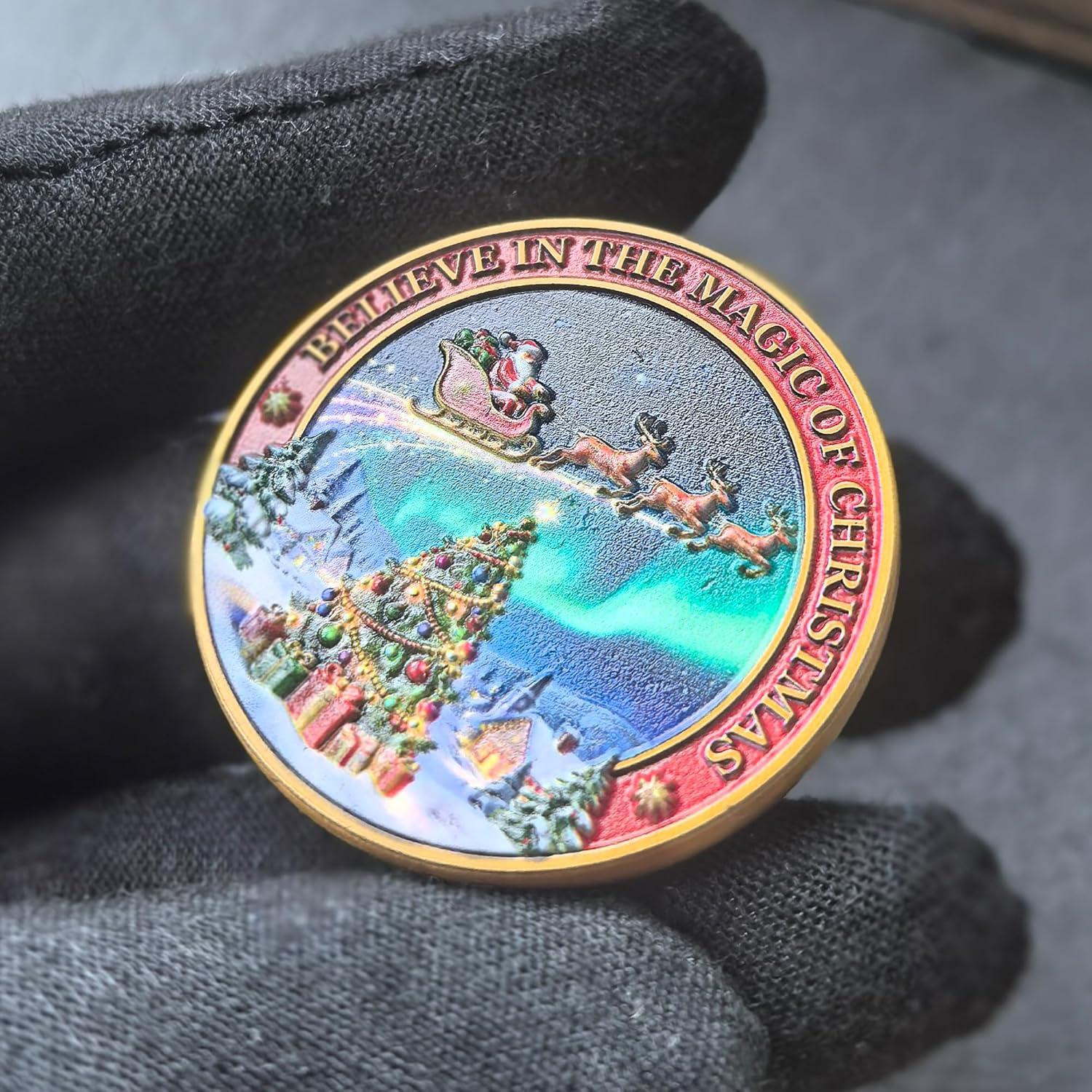 Santa Claus Christmas Challenge Coin with Protective Case - High Relief Zinc Alloy Holiday Collectible, “Believe in the Magic of Christmas” Keepsake Gift for Family & Friends (1.57")