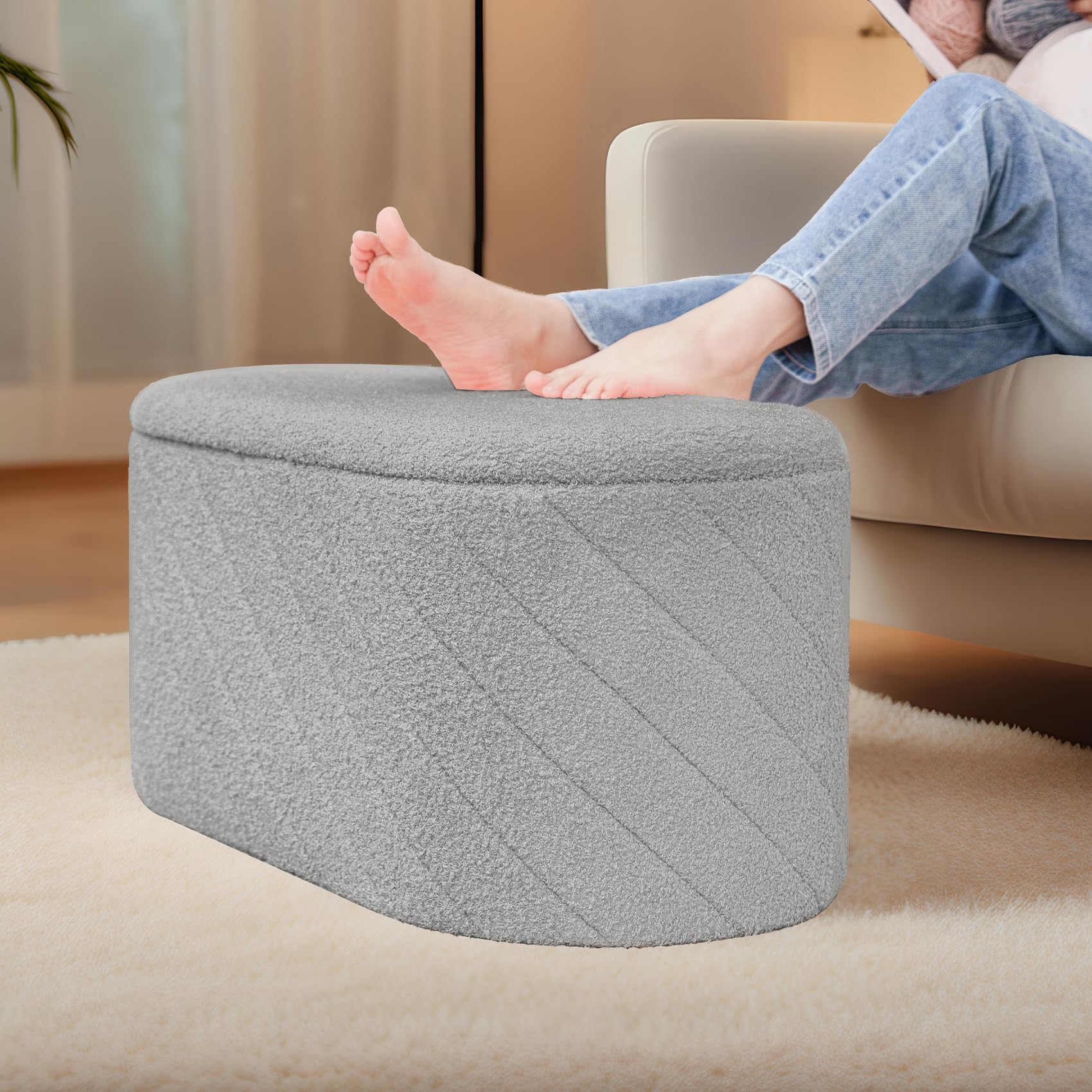 PINPLUS Panca Contenitore con Coperchio Imbottito, Ovale e Pieghevole, in Tessuto Boucle, come Poggiapiedi per Soggiorno e Camera, 76x38x38 cm, Grigio