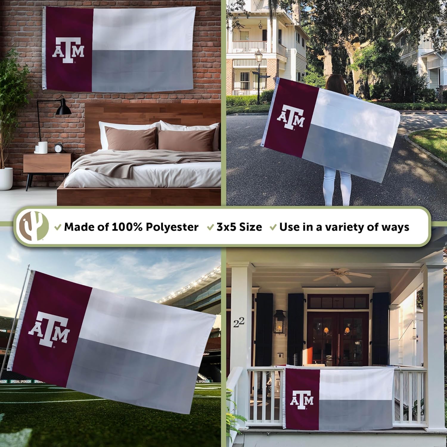 Desert Cactus Texas A&M University TAMU Flag - 3 x 5 Feet Aggies Banner, Indoor/Outdoor Durable Fabric, 100% Polyester Design (Style Y) - Image 3