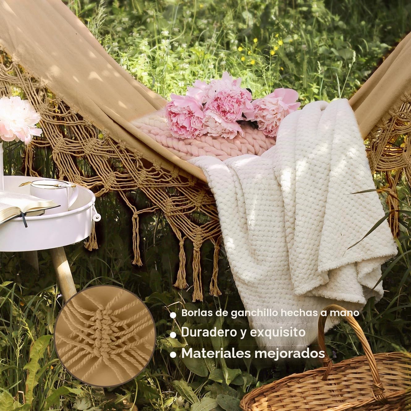 MOSFiATA Hamaca Jardin Boho, Hamaca Colgante con Flecos und Travesaño, Hamacas Tela Cómoda & Fácil de Montar, Capacidad de Carga de 250 kg