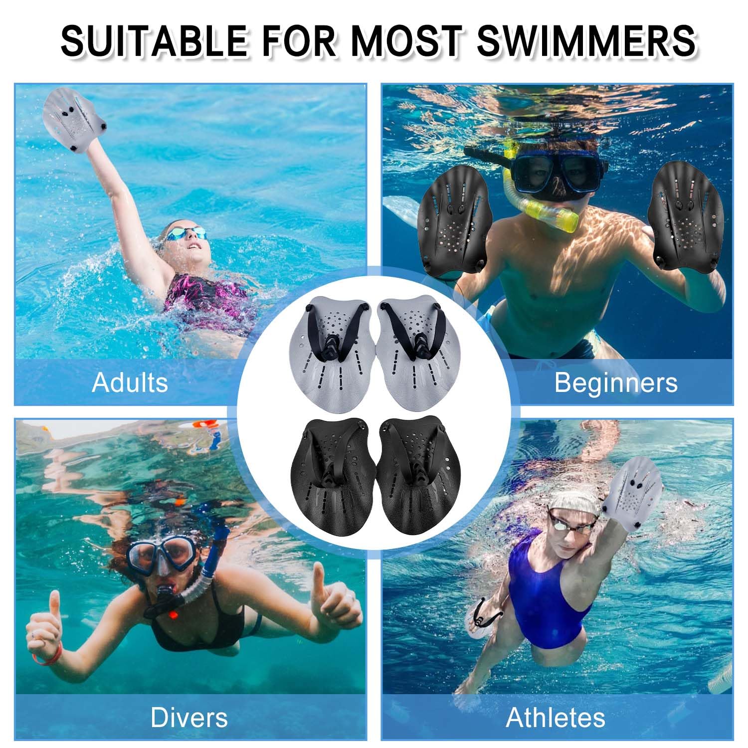 2 Paia Palette Nuoto Piscina, Palette Nuoto Regolabili per Adulti e Bambini, Strumenti di Allenamento per le Mani in Silicone, Unisex, ideale per gli Esercizi in Piscina