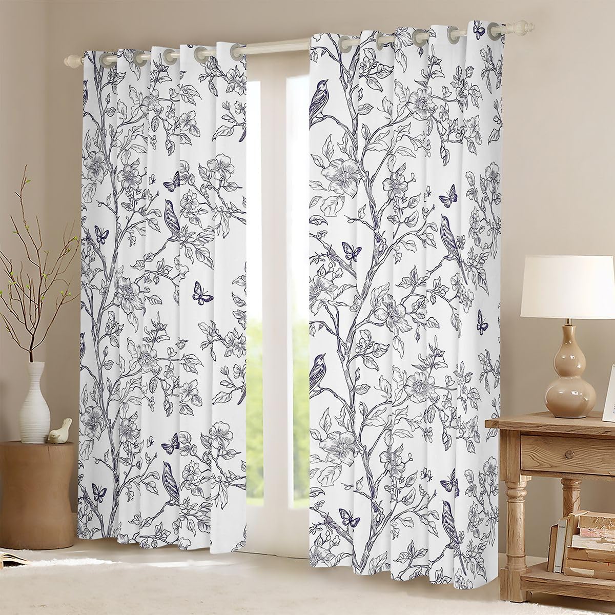 Castle Fairy Floral Bird Sketch Bedroom Curtains Aesthetics Butterflies Bookshelf Window Drapes for Kids Boho Style Blackout Drapes Window Treatments Grommet Top 52Wx84L Inch 2 Panel Set,Grey White