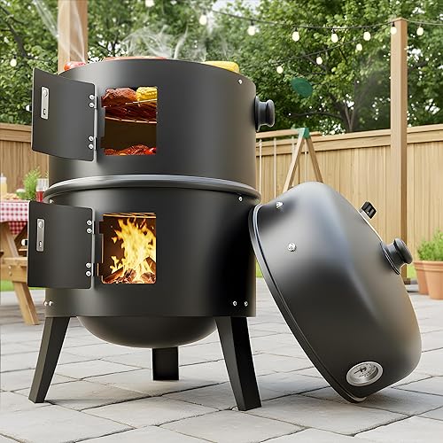 Miniatura 1 de Ahumador de carbón de 16 pulgadas, parrilla 3 en 1 para ahumar carne con termómetro y estantes de cocción duales, ahumador portátil para barbacoa al