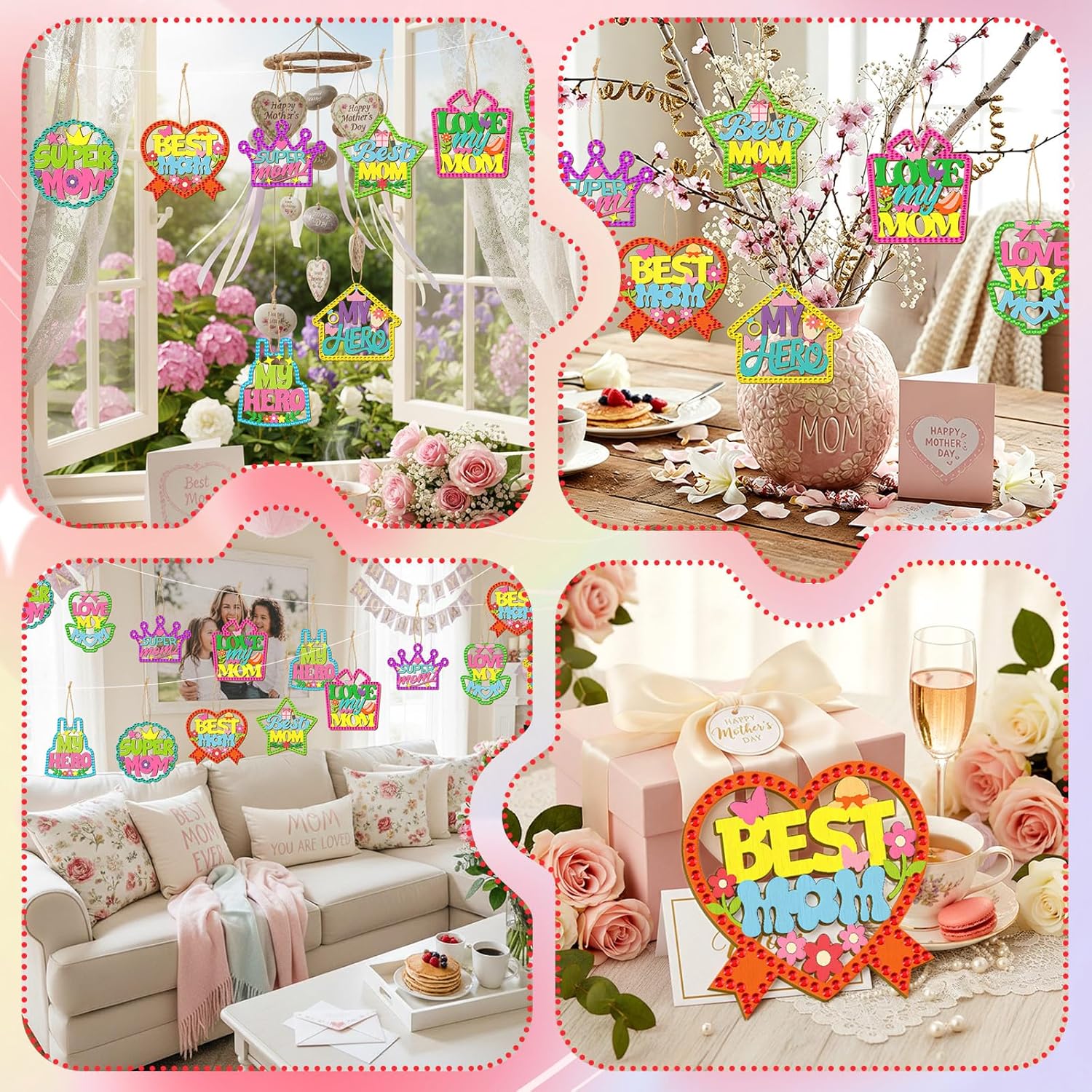 Wovnet 48 Pcs Mother's Day Craft Kits Make You Own Mother's Day Wood Craft Kit DIY Coloring Wooden Art and Crafts with Gem Stickers for Mom's Birthday Gifts Party Decoration Hanging Ornaments