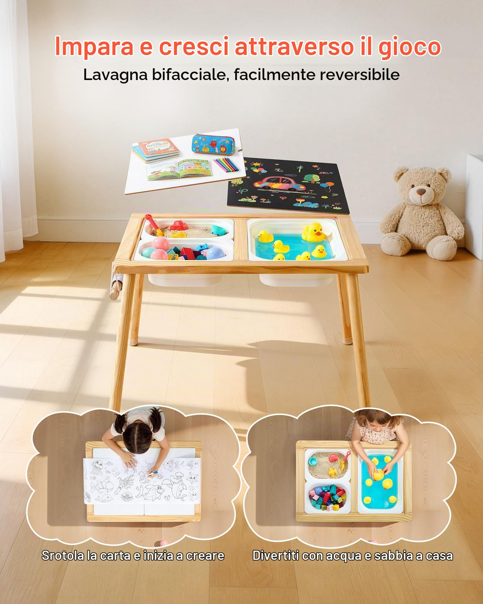 VEVOR Tavolo Sensoriale per Bambini, Banco Multifunzioni in Legno con 2 Sgabelli, Piano a Doppio Lato, Contenitori Portaoggetti e Piedini Antiscivolo, per Giochi con Sabbia e Acqua Disegno Studio